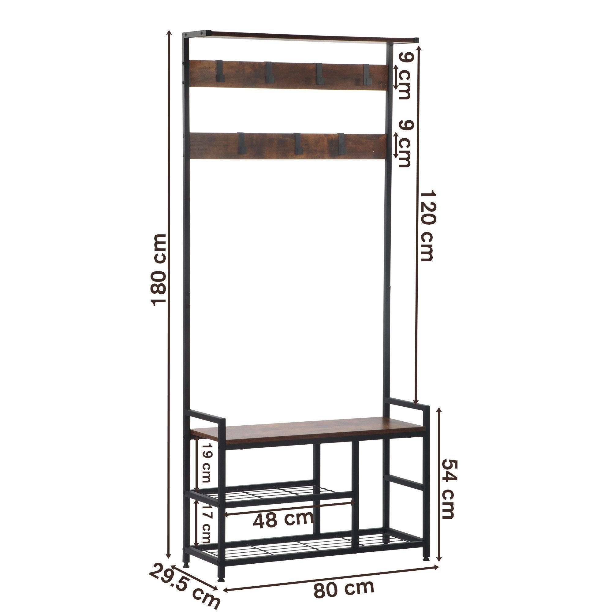 BIGTREE Garderobenständer Kleiderständer mit Schuhablagen Garderobe mit 7 Haken, Höhe 180 cm, Garderobe 2-in-1 mit Ablagen für Wohnzimmer, Büro, 30 x 80 x 180 cm