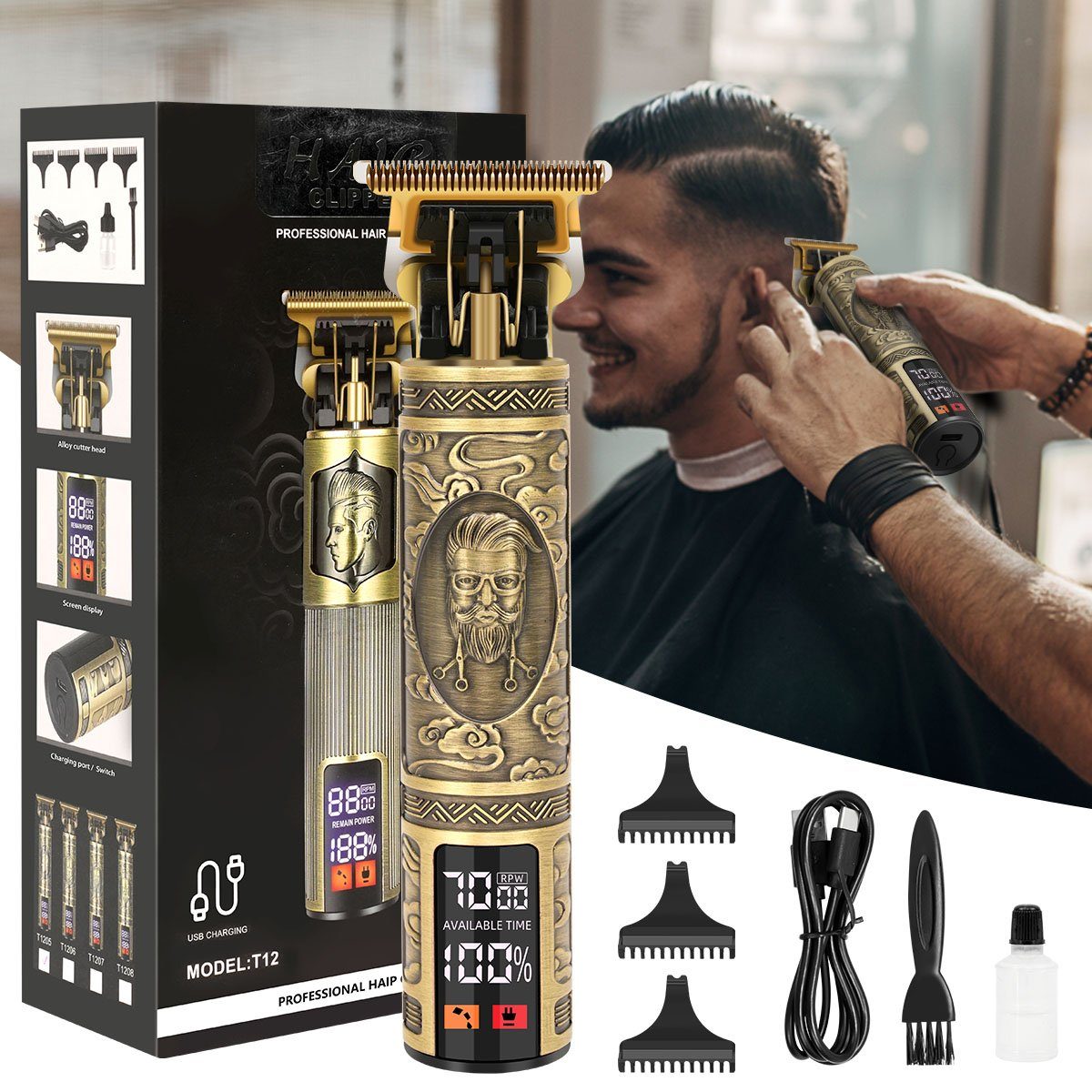 7Magic Haar- und Bartschneider, Haarschneidemaschine Haartrimmer Barttrimmer, Konturenschneider für Männer mit 3 Kamm und LED Anzeige MD-1207