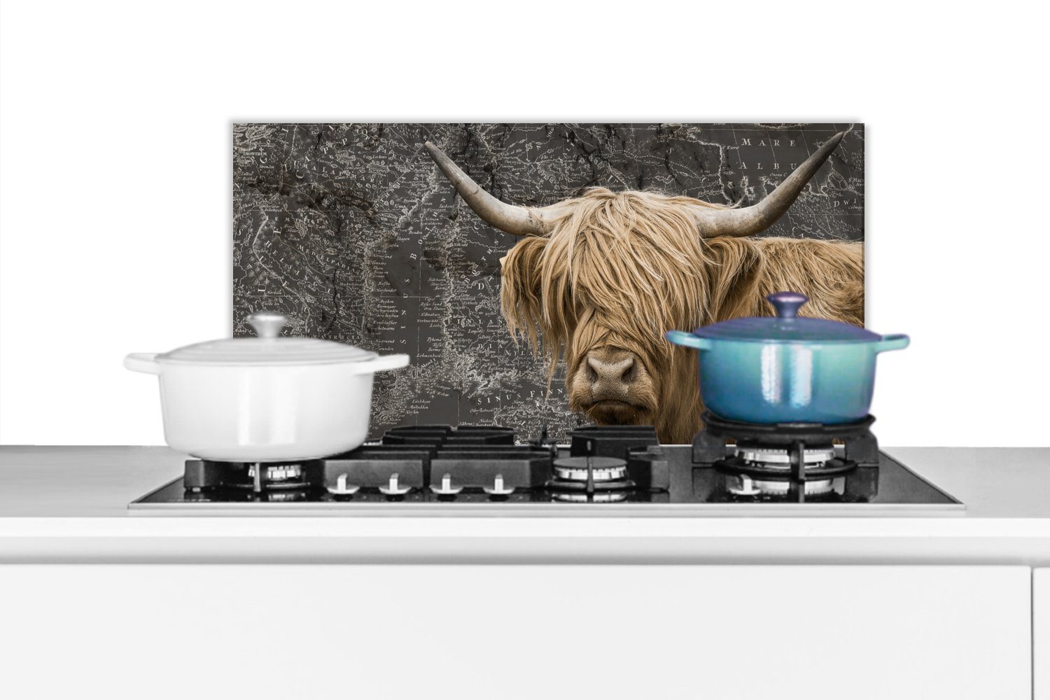MuchoWow Küchenrückwand Schottischer Highlander - Weltkarte - Tiere, (1-tlg), 60x30 cm, Wandschutz, gegen Fett und Schmutzflecken für Küchen | Küchenrückwände