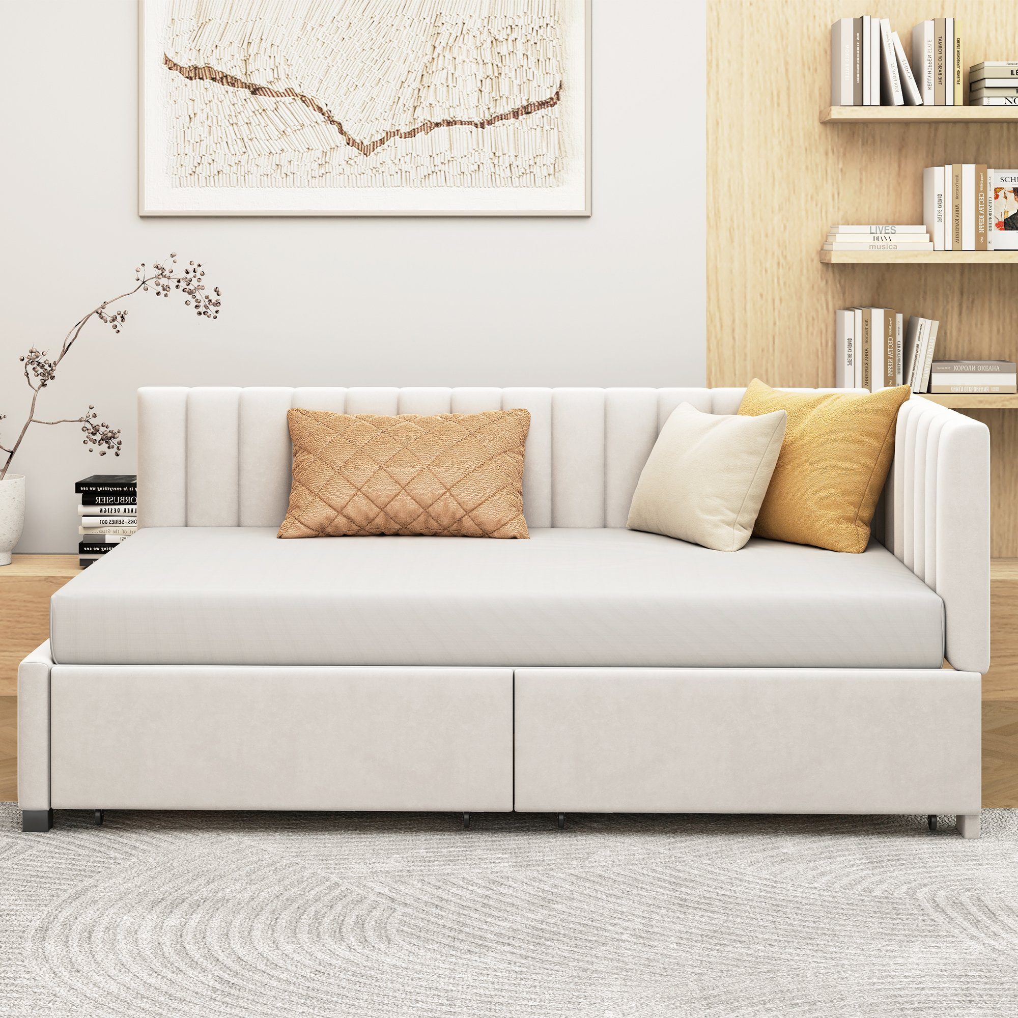 HAUSS SPOLE Schlafsofa 90*200 mit 2 großen Stauraumschubladen und Lattenrost Samt Beige