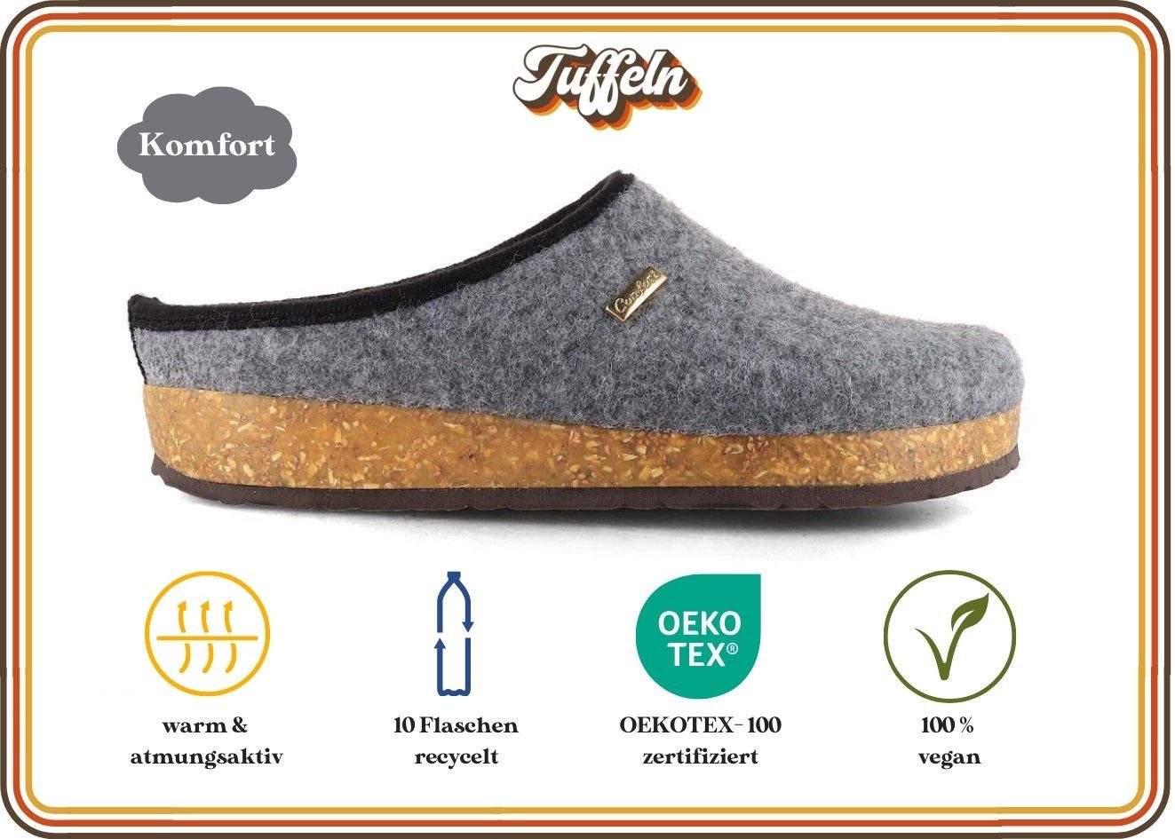Tuffeln Filz-Pantoffeln Komfort Herren Clogs mit Kork-Fußbett Hausschuh vegan aus 100% Tuf-Felt