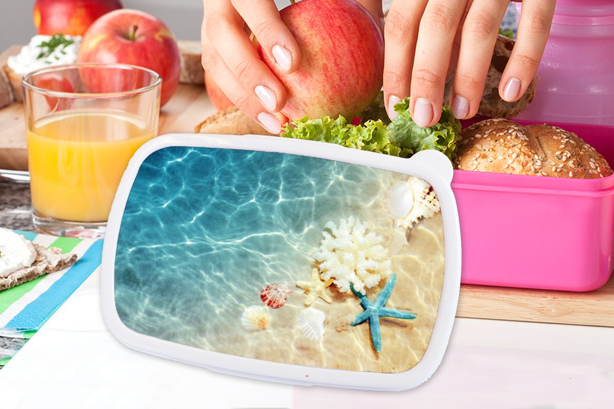 Lunchbox MuchoWow - Kunststoff Brotbox Kunststoff, Sommer, - für Mädchen, rosa Erwachsene, Brotdose Muscheln Snackbox, Meer Kinder, (2-tlg),