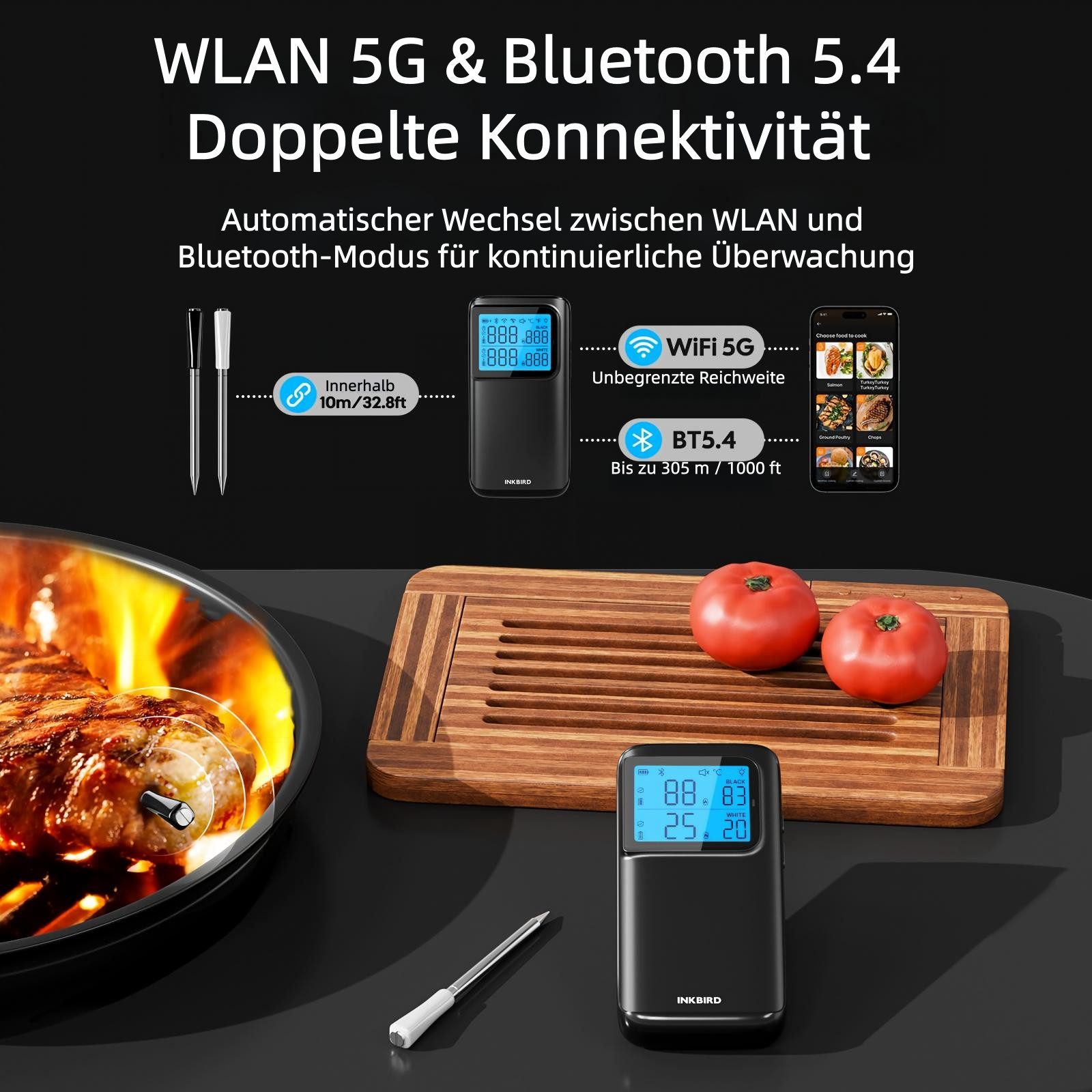 INKBIRD Bratenthermometer 2 Sonden mit 5 Sensoren BBQ Grill 5G WiFi, Schwarz, 2-tlg., 5G WiFi & Bluetooth, 25h Akkulaufzeit, Offline-Datenspeicherung