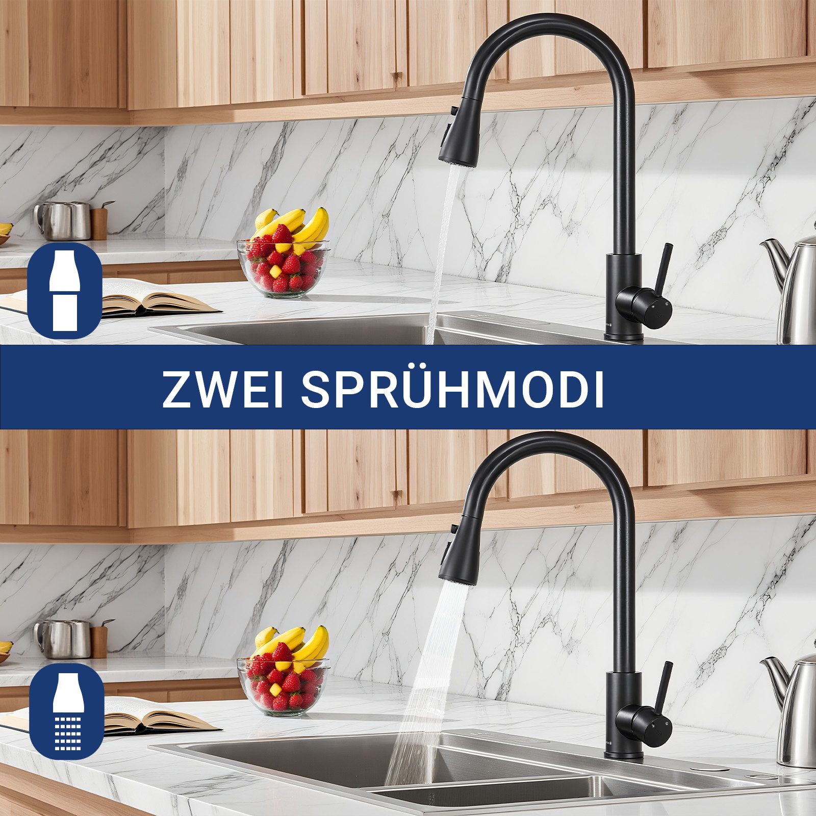 AICA Küchenarmatur Wasserhahn Küche,Spültischarmatur Ausziehbar,Armatur Küche 360° Hochdruck-Einhebelarmatur aus Edelstahl, schwenkbar mit Brause – Bild 4 von 5