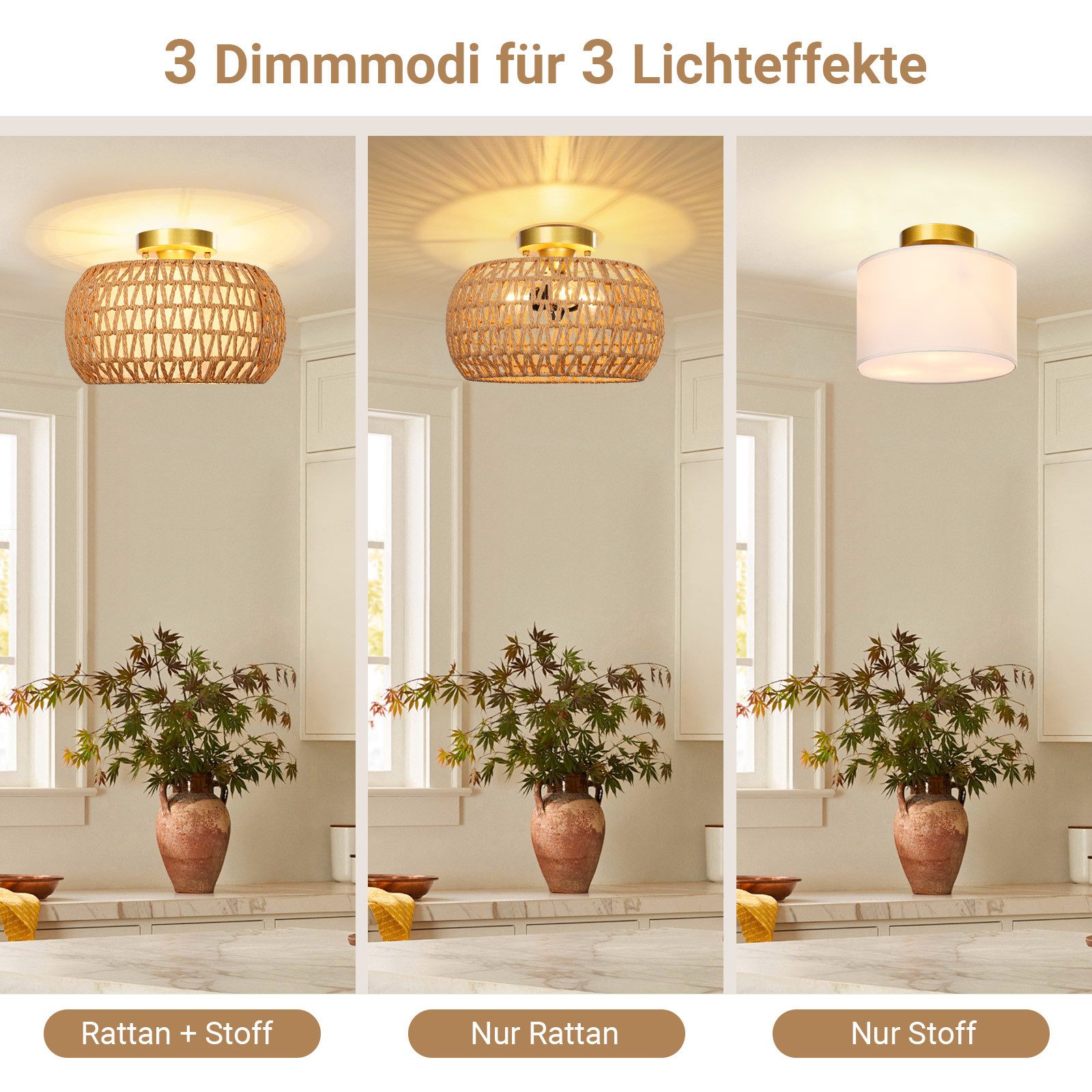 Jibenhome Deckenleuchte Handgewebte Boho Rattan-Deckenleuchte mit Stoffschi günstig online kaufen