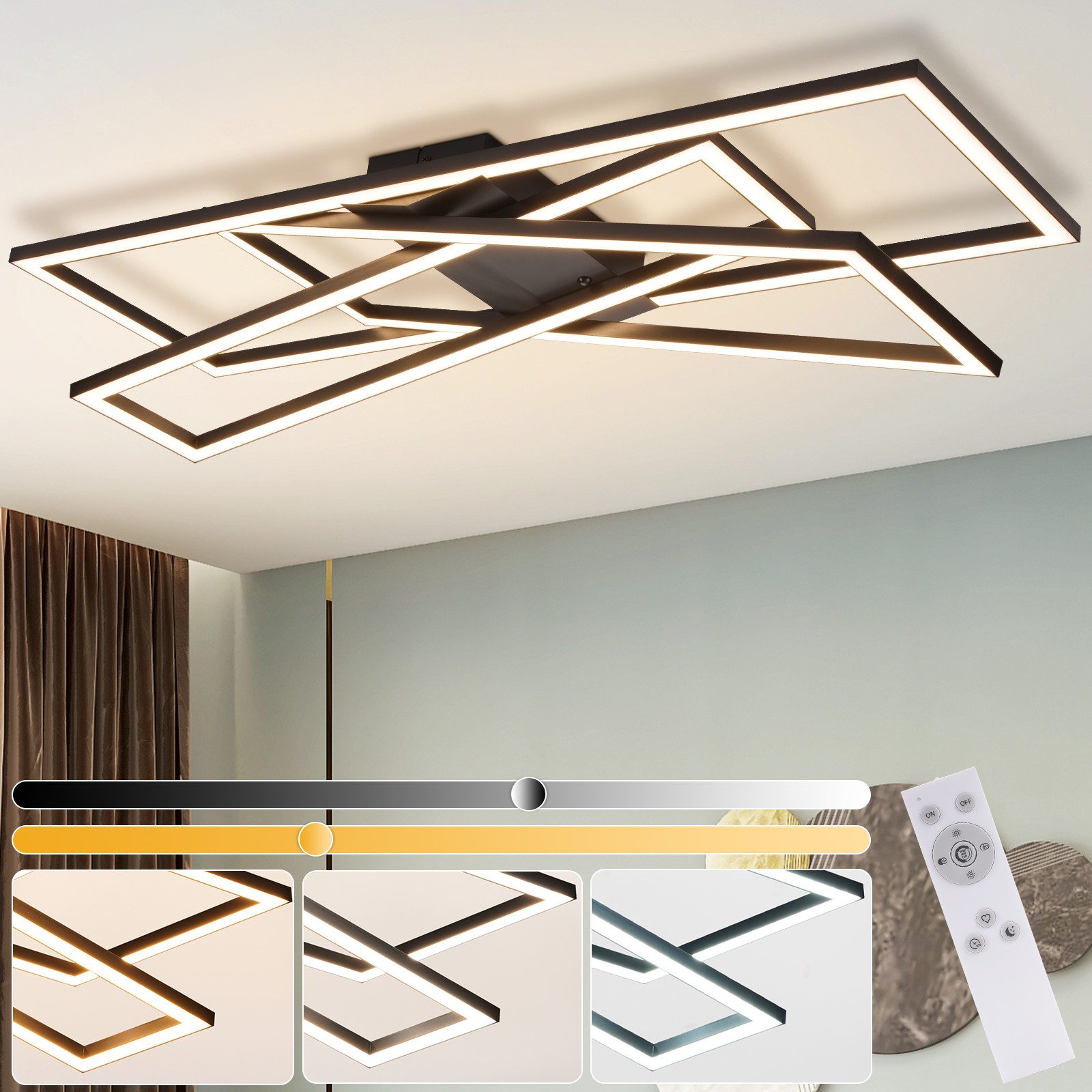 Nettlife LED Deckenleuchte Schwarz Eckig Wohnzimmer Dimmbar Modern 36/45W m günstig online kaufen