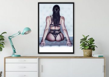 Pixxprint Leinwandbild Brünette Frau in sexy Dessous, Wanddekoration (1 St), Leinwandbild fertig bespannt, in einem Schattenfugen-Bilderrahmen gefasst, inkl. Zackenaufhänger