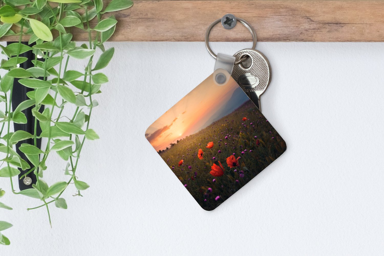 MuchoWow Schlüsselanhänger Blumenfeld - Gras - Blumen - Pflanzen - Sonnenuntergang - Orange, Quadratisch, Accessoire Auto / Haus / Rucksack / Handtasche, 5x5 cm