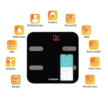 SEBSON Körper-Analyse-Waage »Personenwaage mit App digital Bluetooth bis 180kg, Körperfett, Muskelanteil, BMI - Körperfettwaage«, Körperanalyse (11 Körperwerte)
