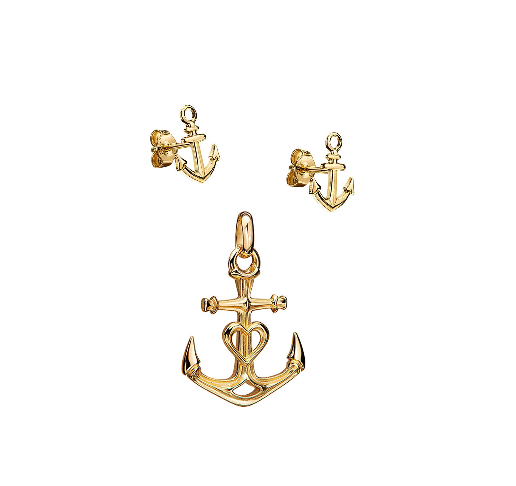 JEVELION Schmuckset Anhänger Anker mit 2x Ohrstecker 333 Gold - Made in Germany (Goldanhänger + Gold-Ohrschmuck, für Damen und Mädchen), Mit Kette vergoldet- Länge wählbar 36 - 70 cm oder ohne Kette.