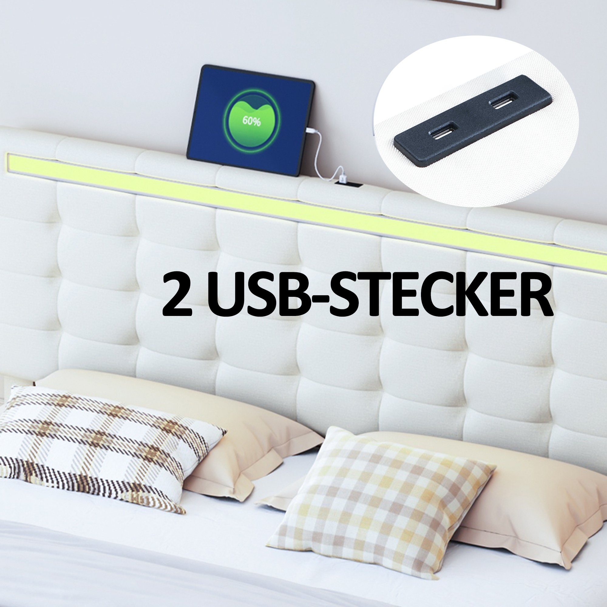 Polsterbett (LED Doppelbett), mit USB Ladefunktion und höhenverstellbarem Kopfteil 160x200cm, Leinen