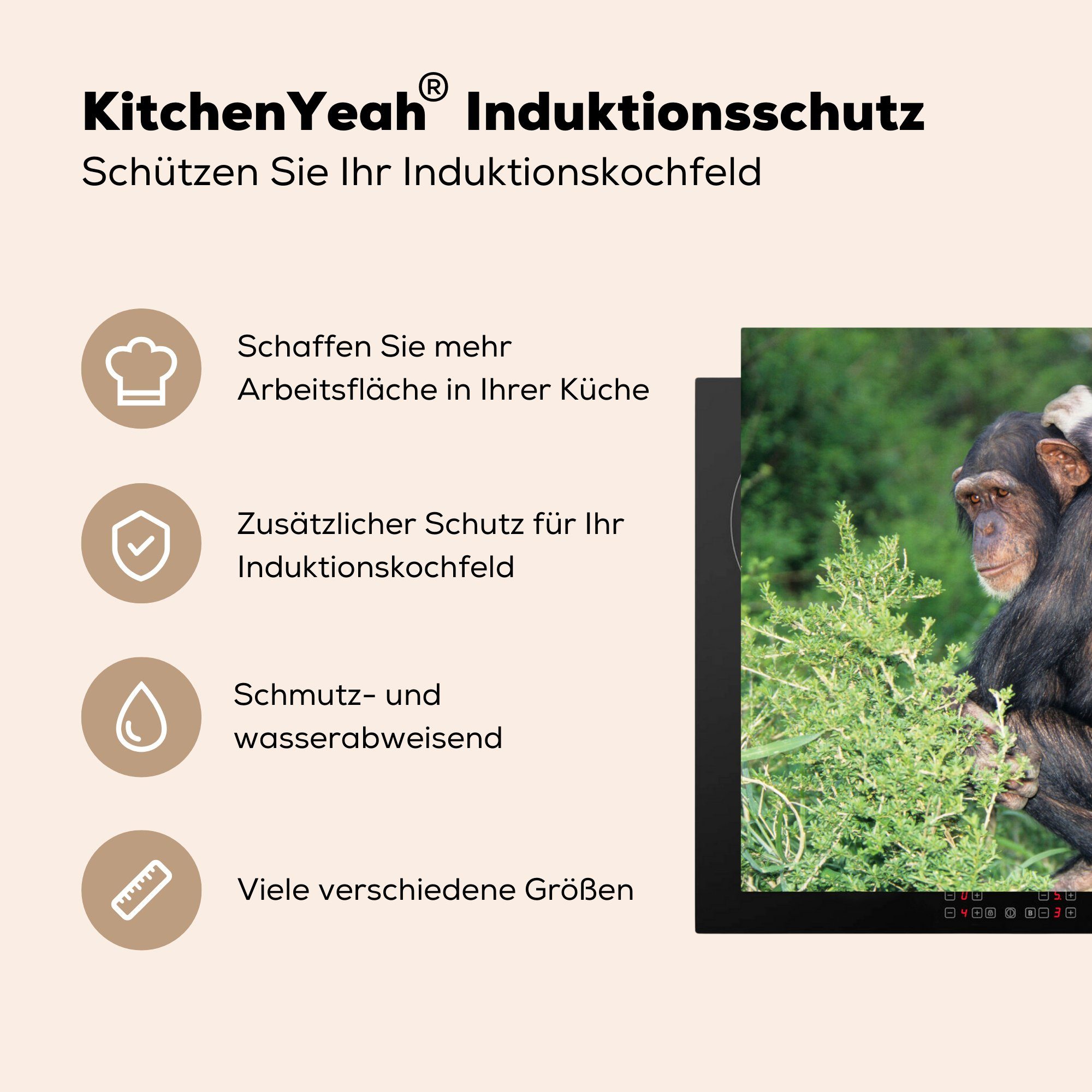 MuchoWow Herdblende-/Abdeckplatte Vinyl, Pflege Induktionskochfeld von Ceranfeldabdeckung für küche, (1 81x52 die tlg), Schutz cm, Schimpansen,