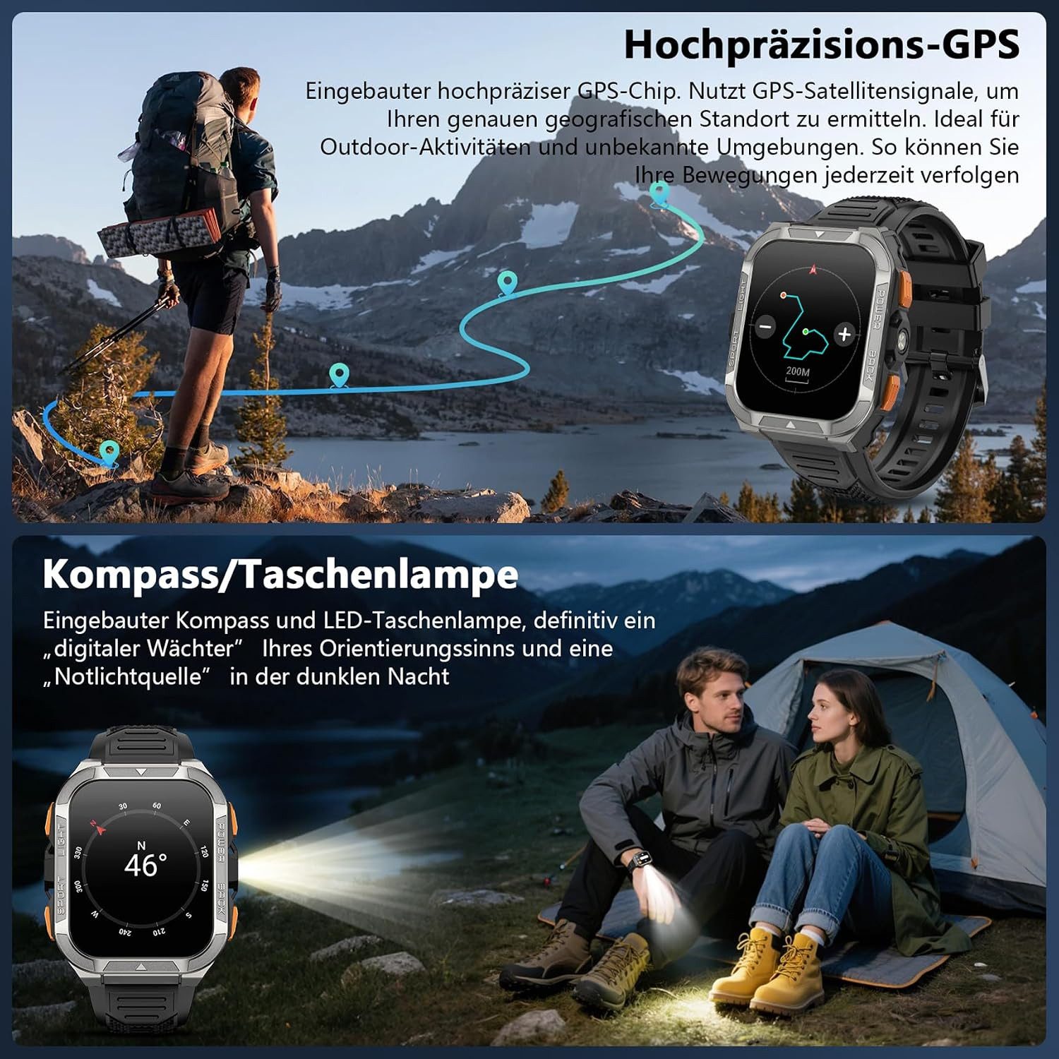 blackview 1,91" Smartwatch Herren GPS Outdoor Sportuhr Bluetooth Telefonie Smartwatch (1,91 Zoll, iOS/Android) schwarz