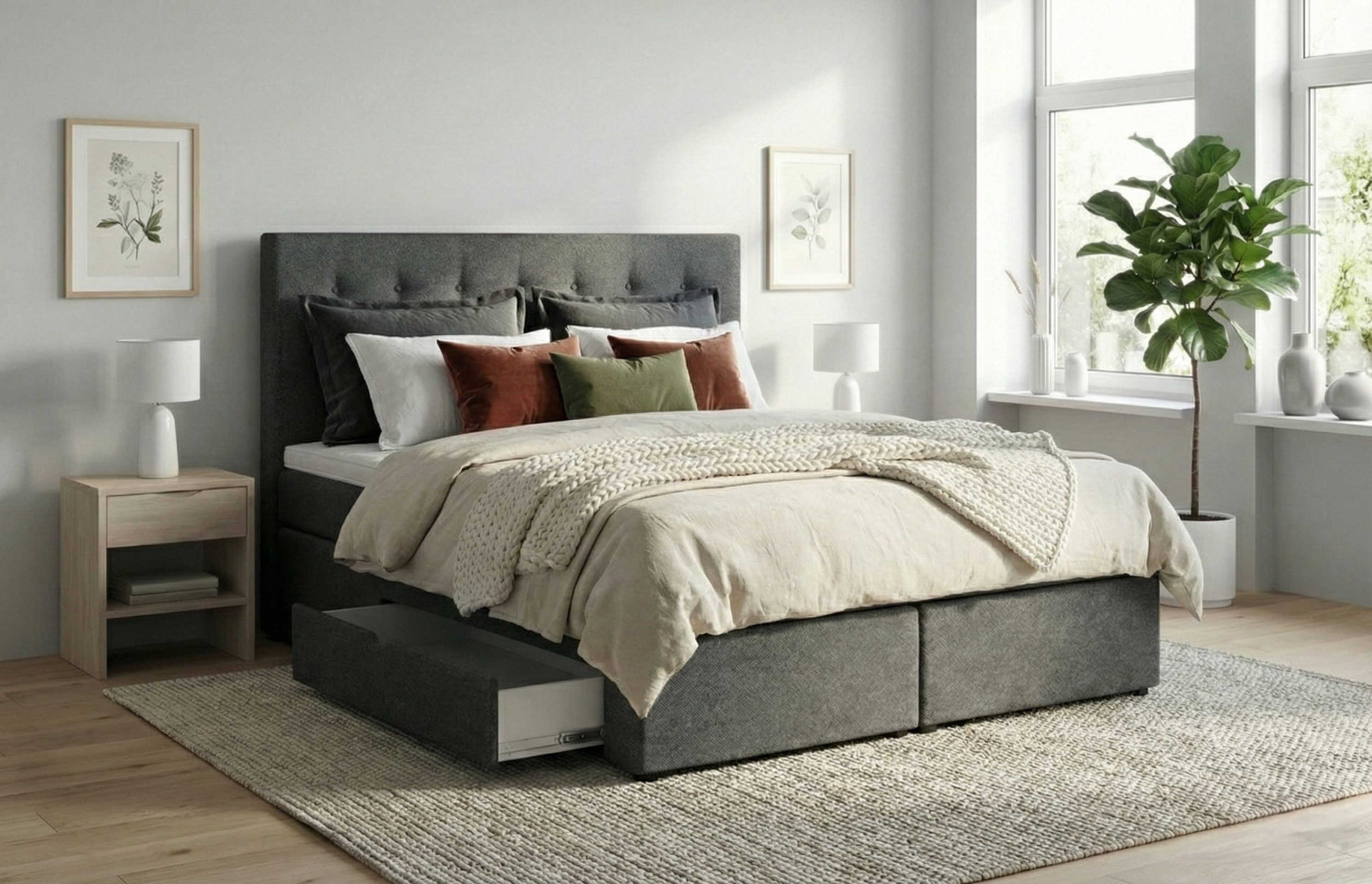 Tesla Dreams Boxspringbett Ankona mit 2 Schubladen – 7-Zonen Taschenfederkernmatratze H2/H3 (inkl. Topper, Luxus Schlafgefühl)