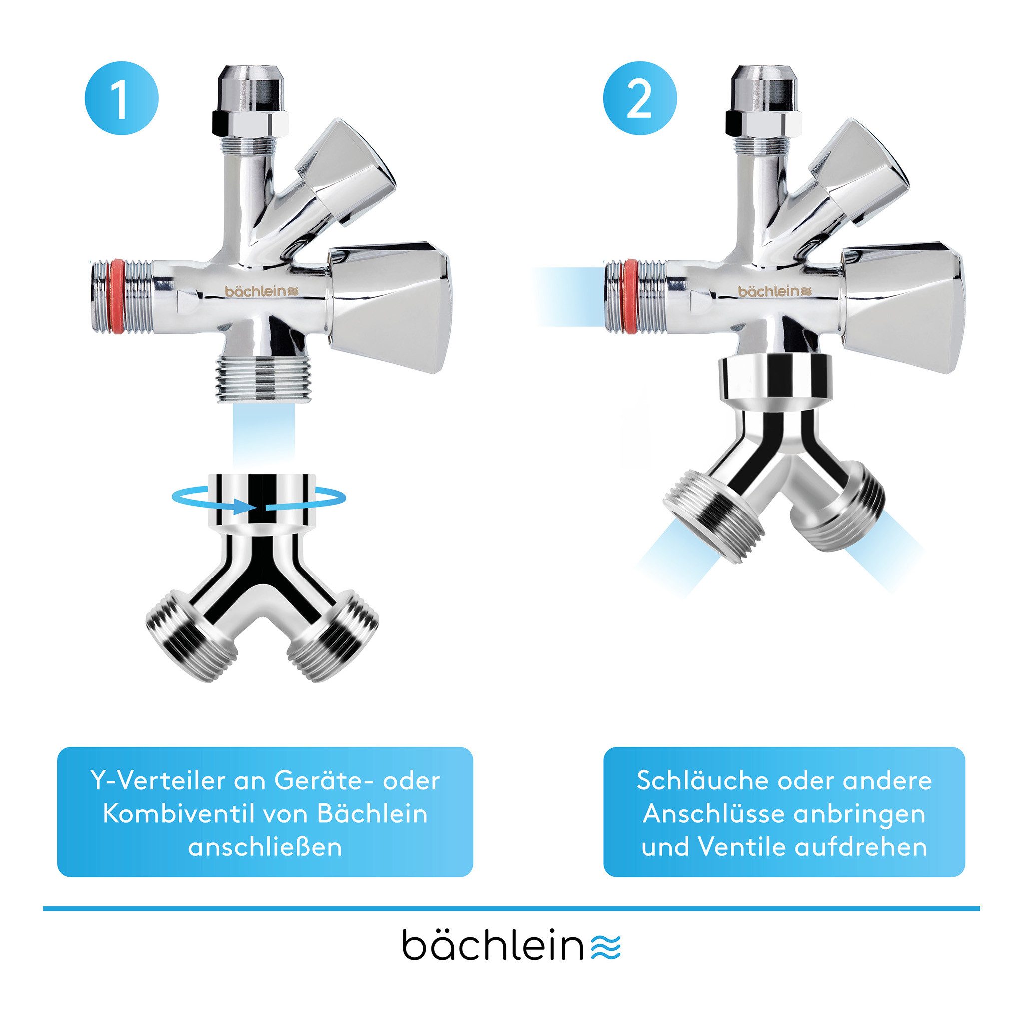 Bächlein 2-Wege-Ventil Hochwertiger Y-Verteiler, (genormtes Gewinde), 360° rotierbarer Wasseranschluss für zwei Geräte