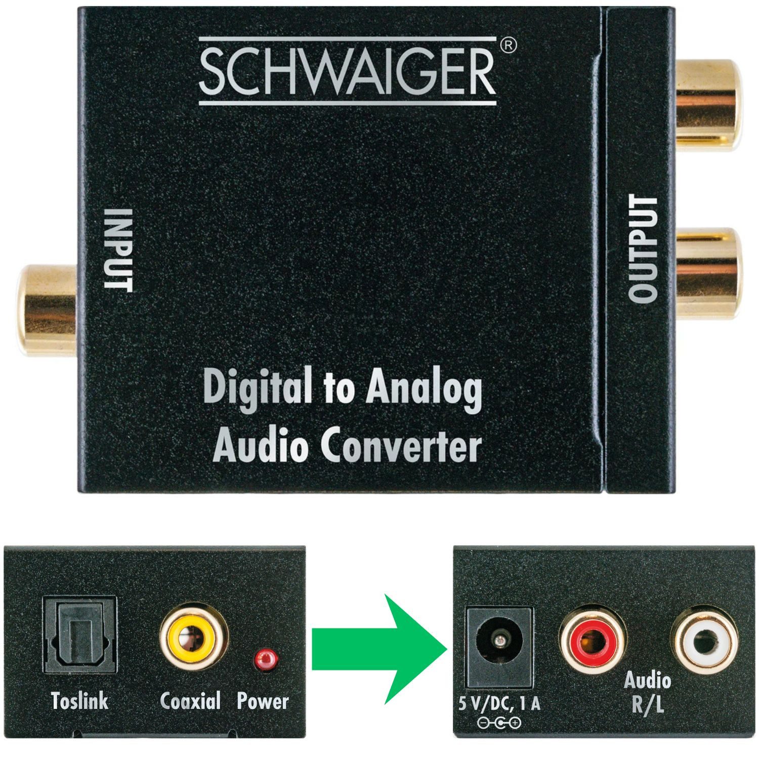 Schwaiger DAC Audio Konverter Adapter Box Gerät Wandler Audio-Adapter zu Koaxial RCA, Cinch, Toslink, 100 cm, Digital Koax Toslink optisch auf Analog Cinch 2x RCA TV HiFi Anlage PC