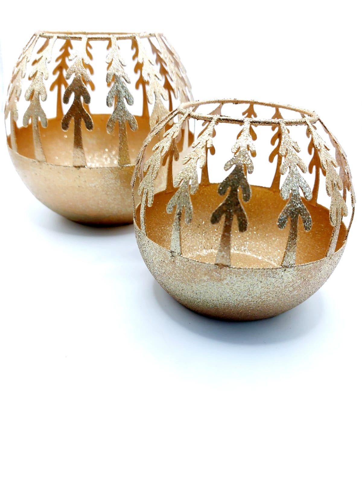 Vosteen Teelichthalter Weihnachtsdekoration, runde goldene Windlichter im Set, groß und klein (Spar Set, 2 Stück, groß und klein, 2er Set), aus Metall, mit Glitzer, Tannenbaum, Christbaum