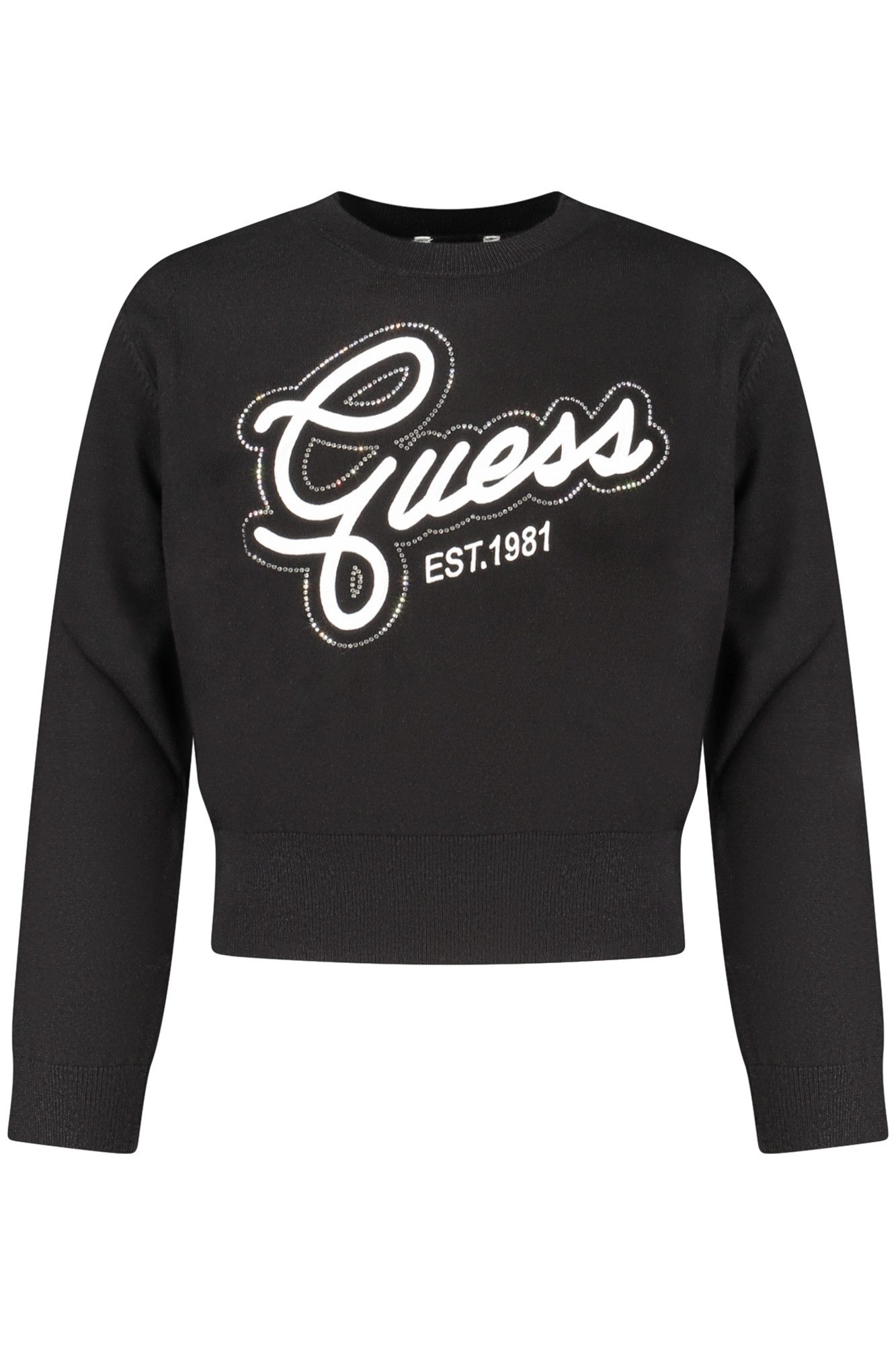 GUESS JEANS Strickpullover Mädchenpullover Schwarz: Langarmshirt mit Stickerei & Strass-Details