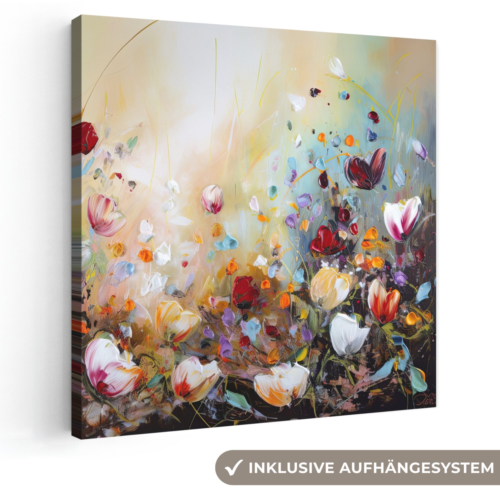 OneMillionCanvasses® Leinwandbild Ölfarben - Blumen - Farbenfroh - Natur, Fotodruck (1 St), Wandbild, Deko Schlafzimmer Wohnzimmer Flur 20x20 cm