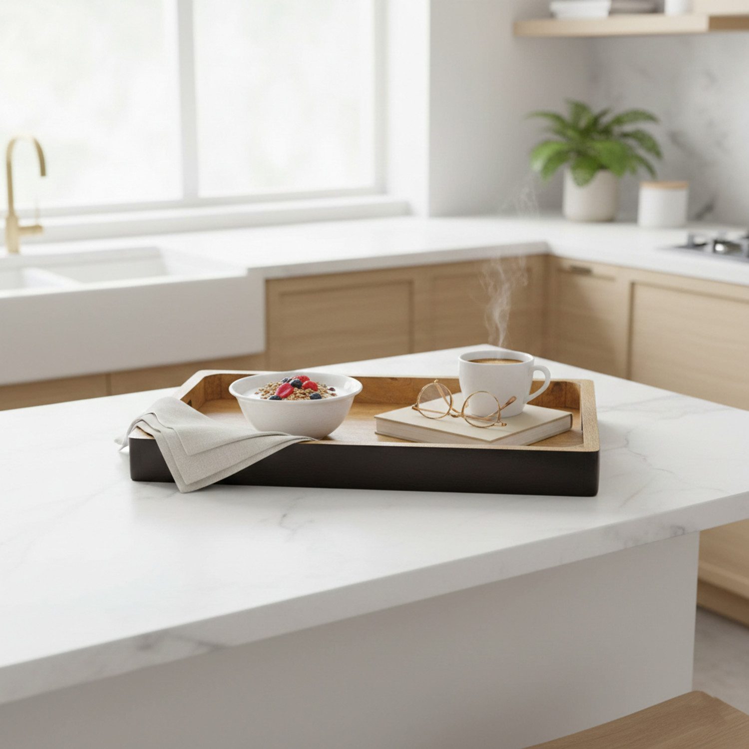 Macosa Home Dekotablett Mangoholz 37 cm Braun Schwarz Holz mit Griffen (rechteckig, Holzschale Holztablett modern groß), Tischdekoration Obsttablett Wohnaccessoire