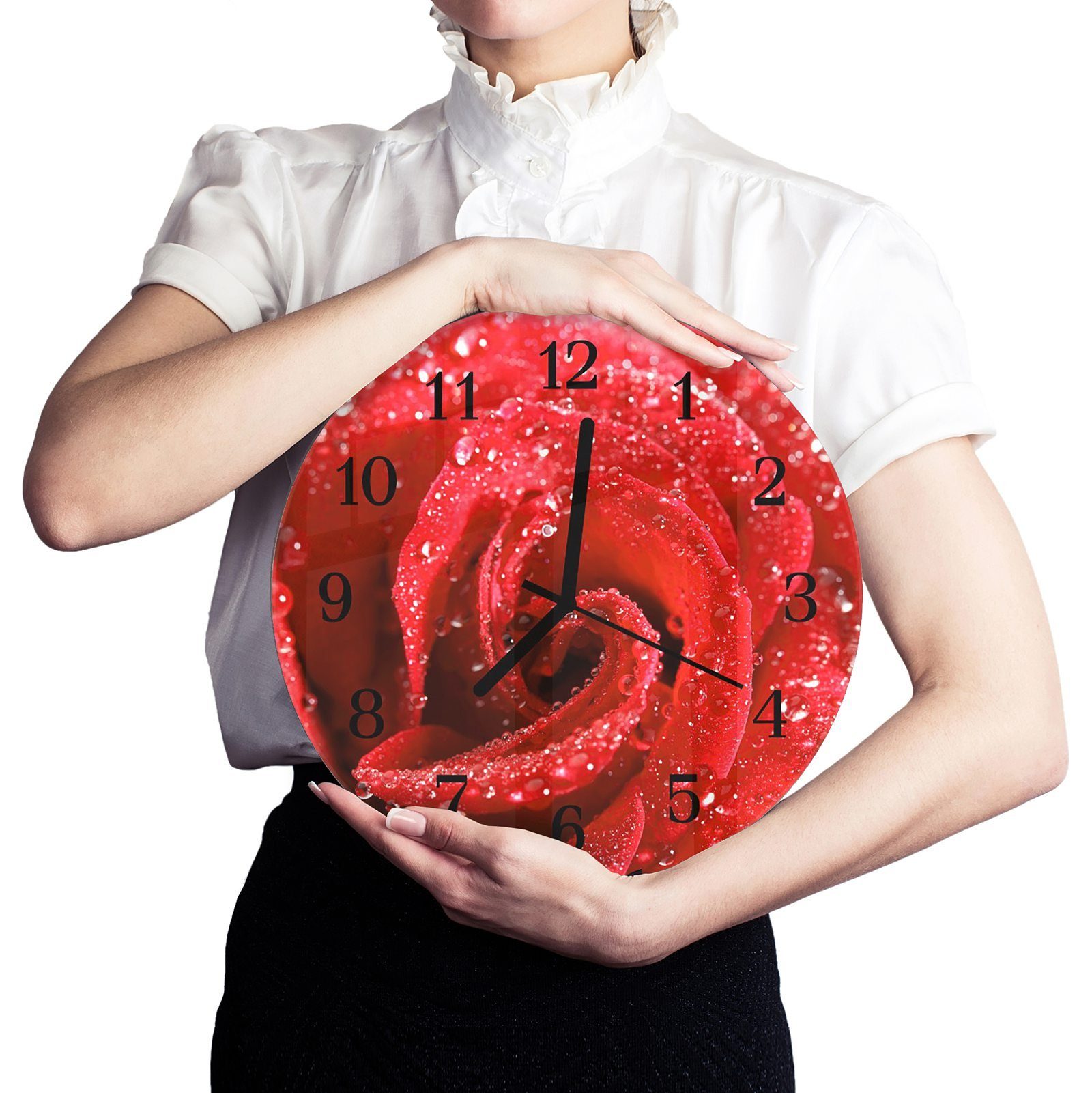 Primedeco Wanduhr Wanduhr aus Motiv mit Rund Durchmesser - Rose mit Glas und cm Quarzuhrwerk Rote 30
