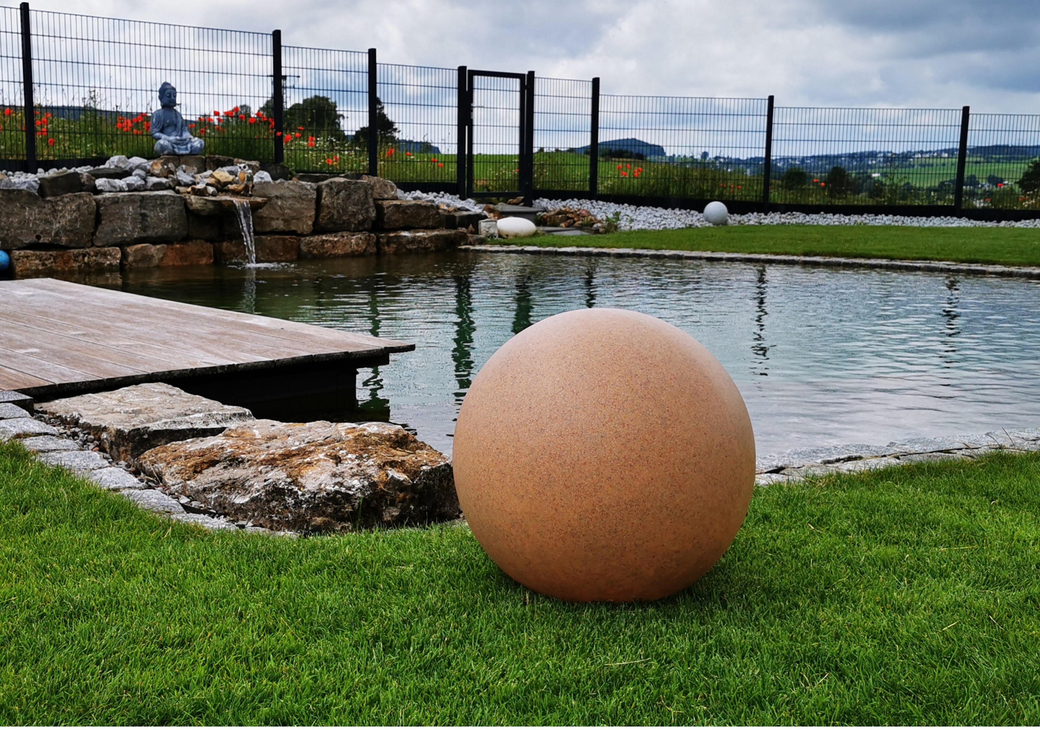 TRANGO LED Gartenleuchte, 1er Set 500SB IP65 Gartenkugel in Sandstein-Optik mit 50cm Durchmesser inkl. 1x E27 LED Leuchtmittel & ca. 5 Meter IP44 Kabel *SANDSTONE*, Kugelleuchte, Gartenleuchte, Leuchtkugel, Kugellampe