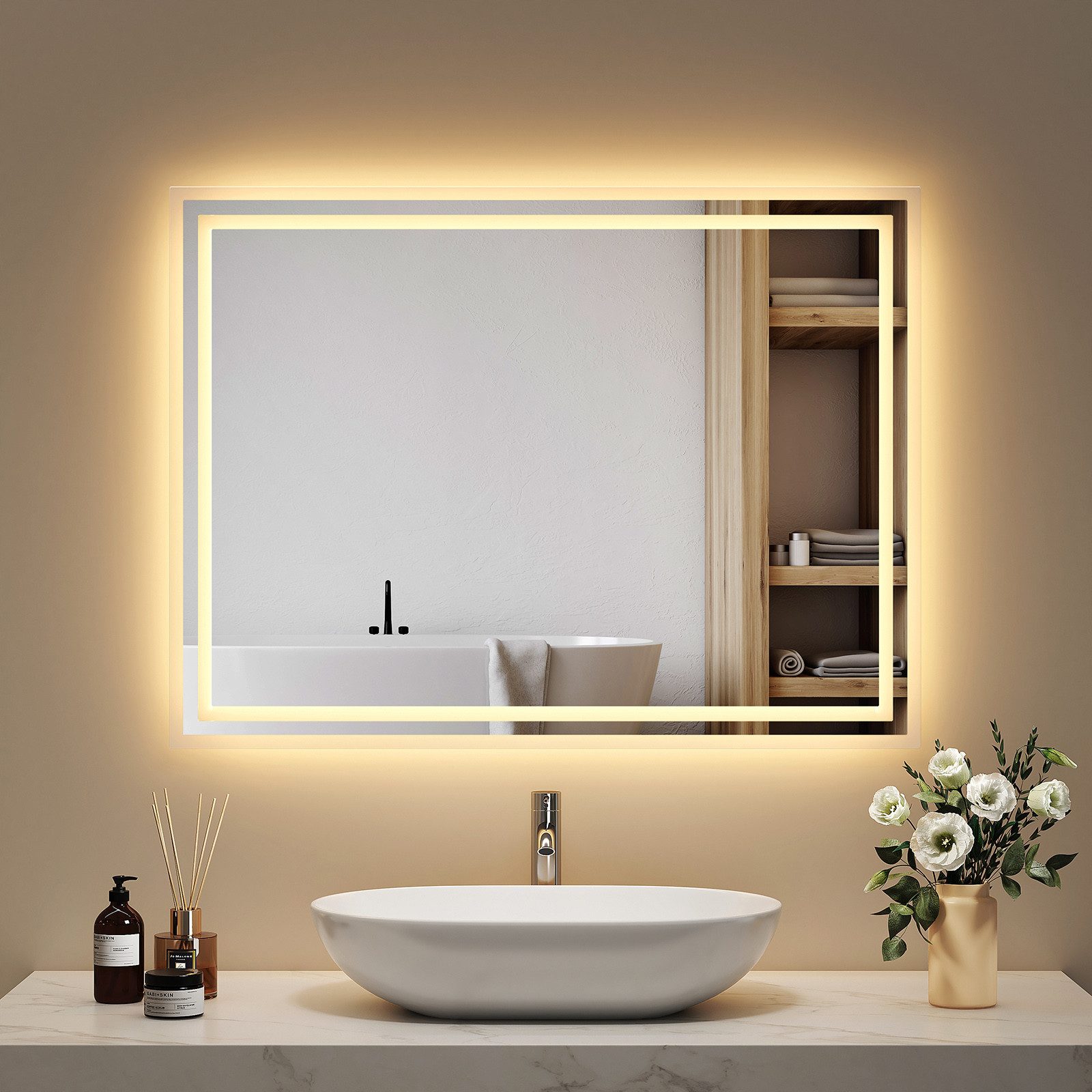 EMKE Badspiegel mit Wand/Touch Schalter LED Beleuchtung Wandspiegel (Modell 4, Wandschalter), Warmweißes Beleuchtung IP44 Energiesparend