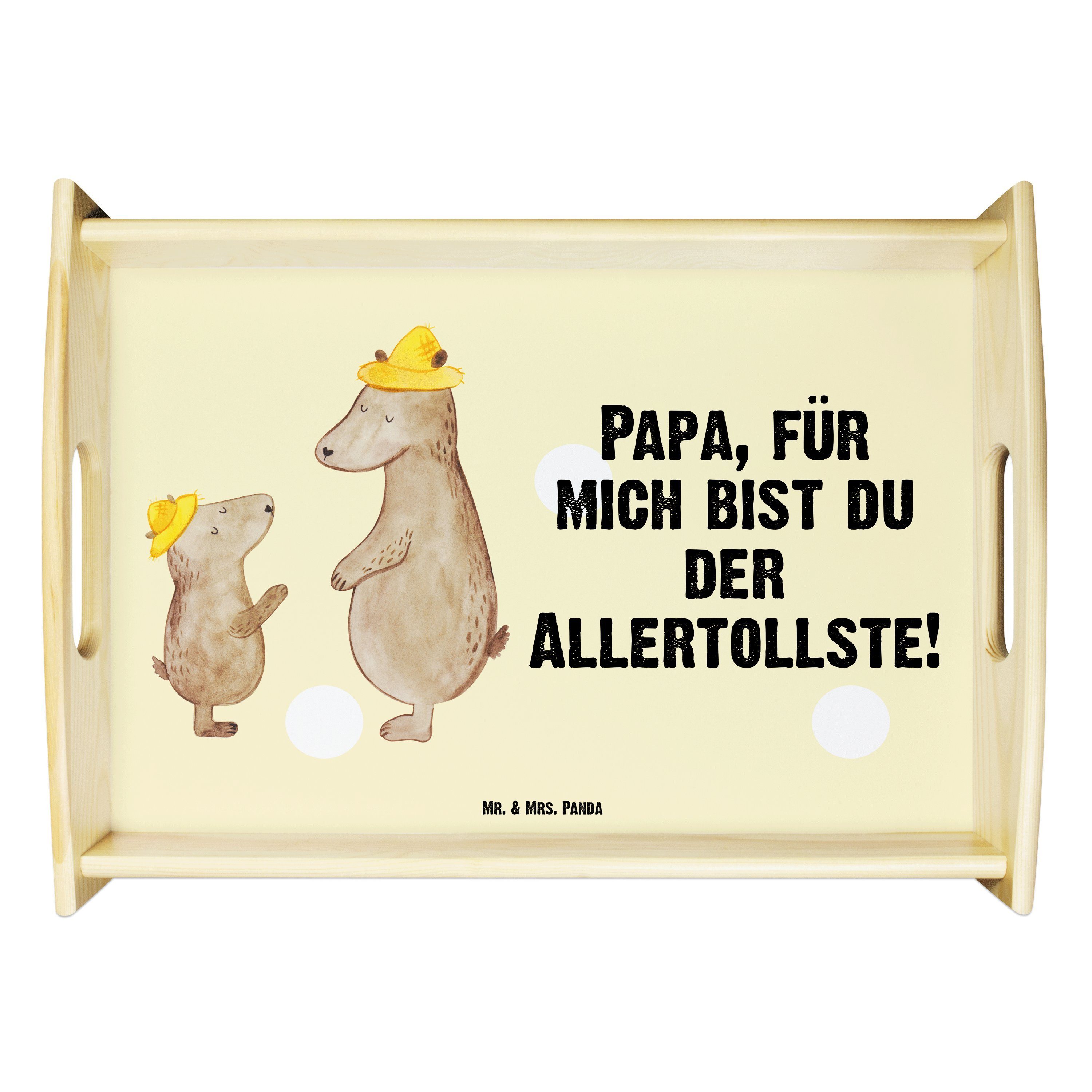 Mr. & Mrs. Panda Tablett Bären mit Hut - Gelb Pastell - Geschenk, Dekotablett, Holztablett, Va, Echtholz lasiert, (1-tlg)