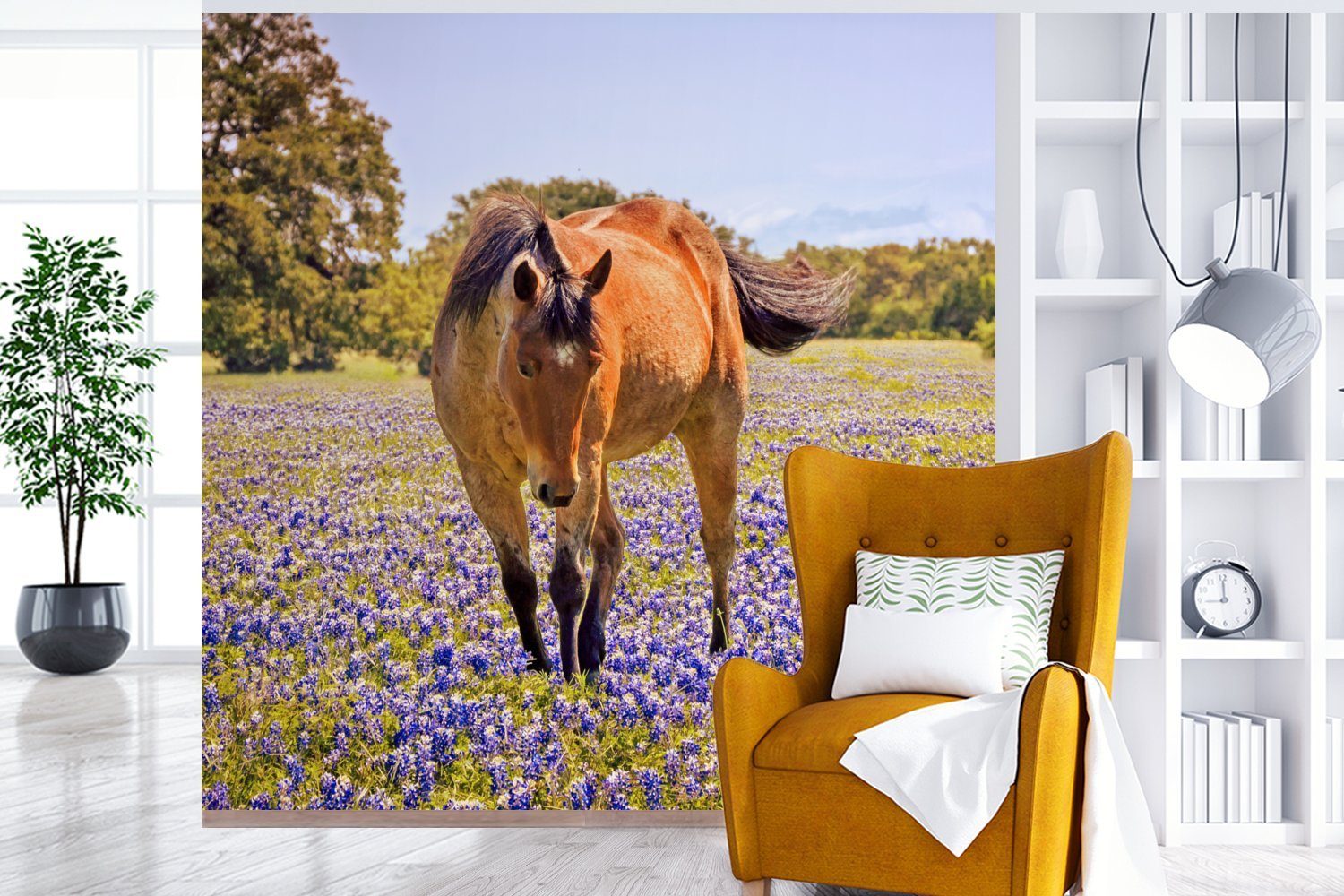 - St), Wohnzimmer (5 Fototapete für Schlafzimmer, MuchoWow Pferd bedruckt, - Blumen - Lila, oder Vinyl Wandtapete Matt, Bauernhoftier Tapete