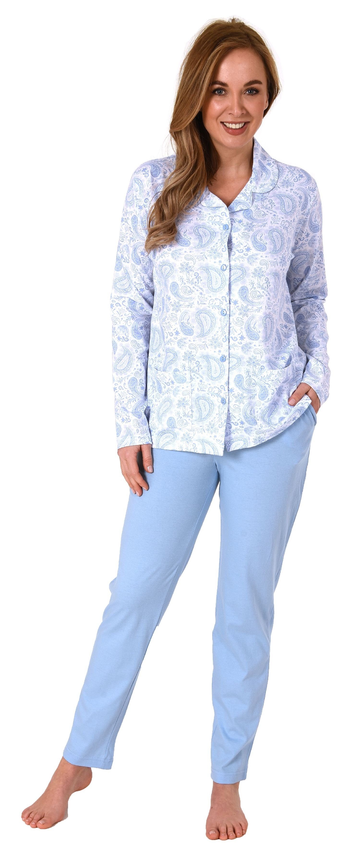 zum in Pyjama Damen Jersey langarm durchknöpfen hellblau Qualität Normann Pyjama Single