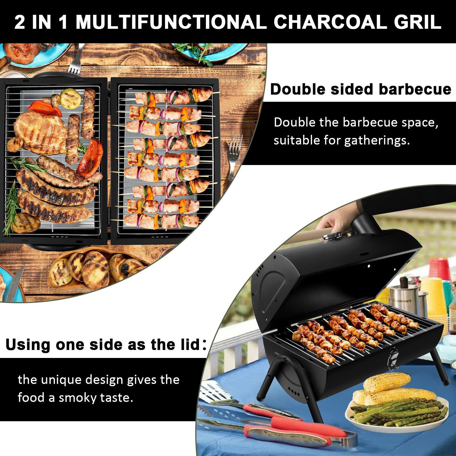 SunJas Holzkohlegrill K-22ABK Klappgrill Tragbarer mit Thermometer und Schornstein, CampingGrill Tischgrill mit HolzgriffDeckel, Doppel Grillfläche 33.7 x 21.5 cm, für Outdoor Picknick Camping