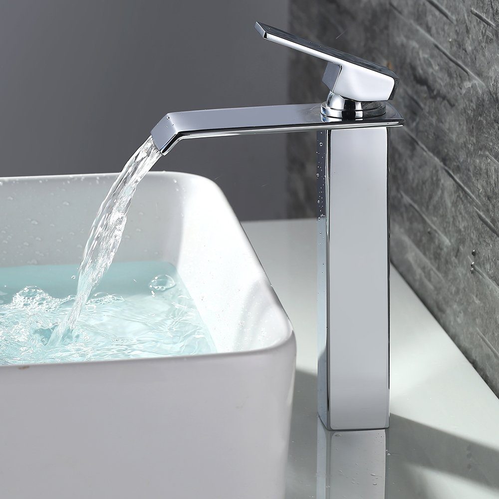 HOMELODY Badarmatur wasserfall Wasserhahn Bad Hoch Waschtischarmatur Waschbeckenarmatur aus Messing Einhandmischer Mischbatterie Bad, Chrom
