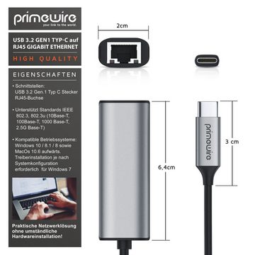 Primewire Netzwerk-Adapter, 15 cm, Netzwerkadapter USB 3.2 Typ C auf RJ45 Buchse LAN Adapter