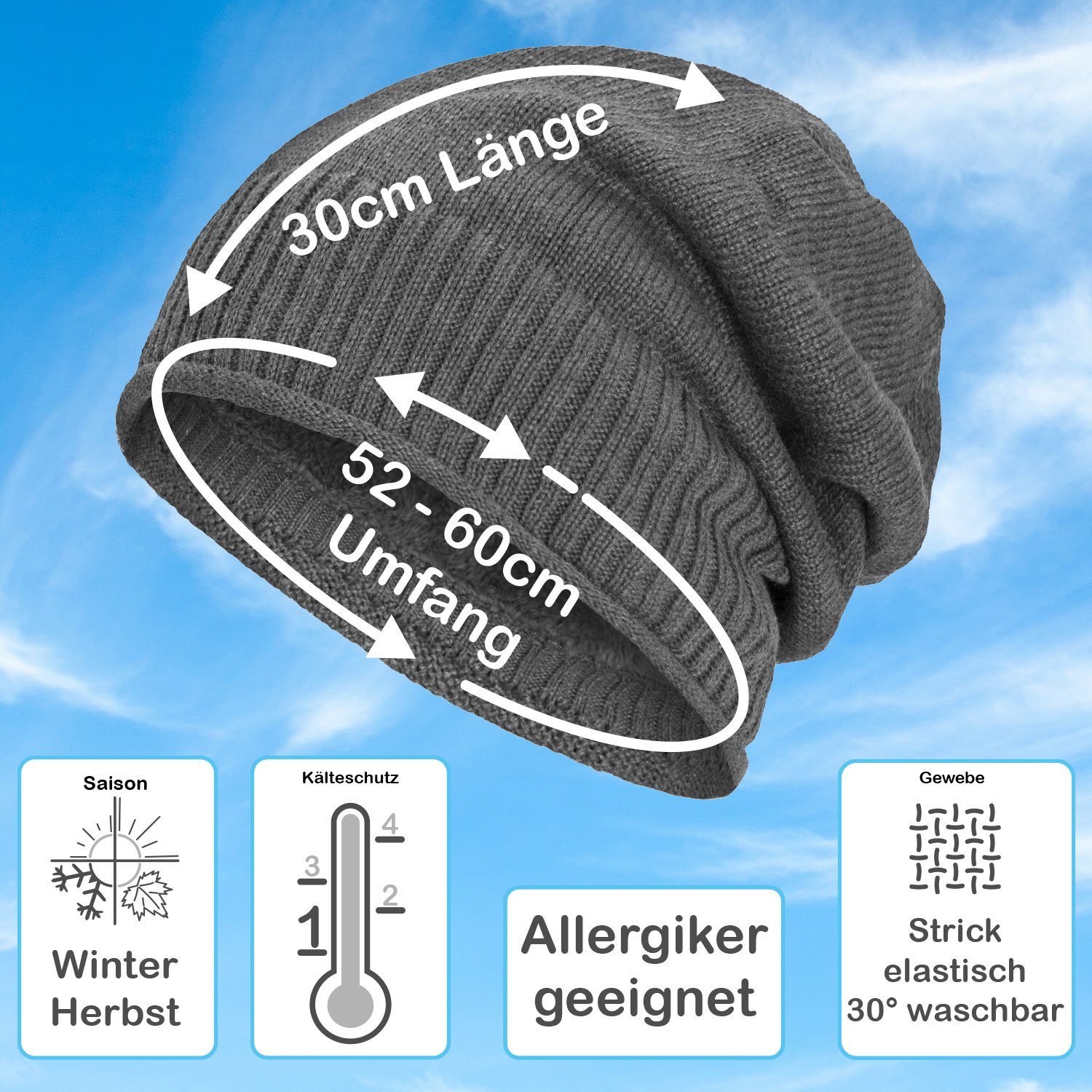 Herren compagno grau Beanie Mütze Strickmütze Damen Strickmütze Gefütterte Haube Wintermütze (1-St)