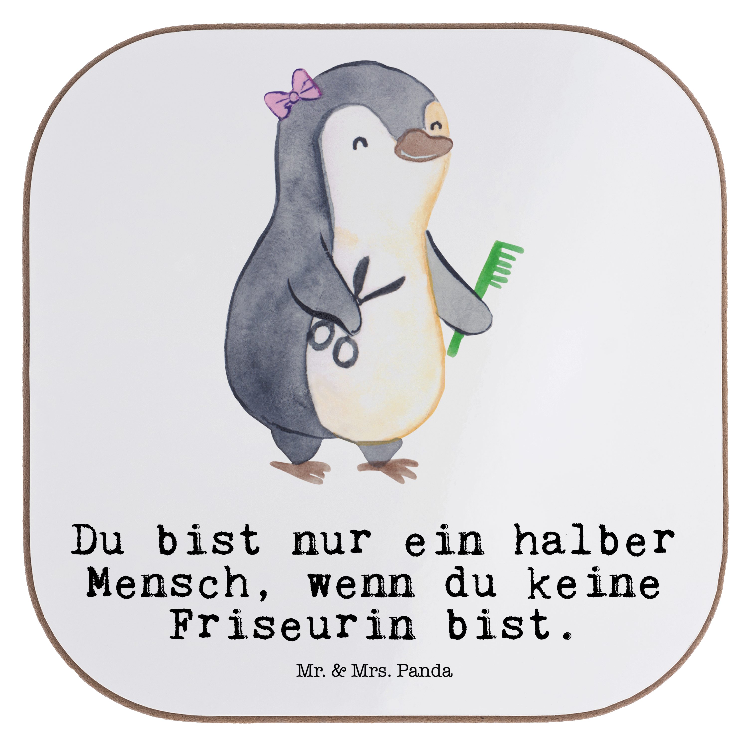 Mr. & Mrs. Panda Getränkeuntersetzer Friseurin mit Herz - Weiß - Geschenk, Haarstylistin, Eröffnung Friseu, 1-tlg.