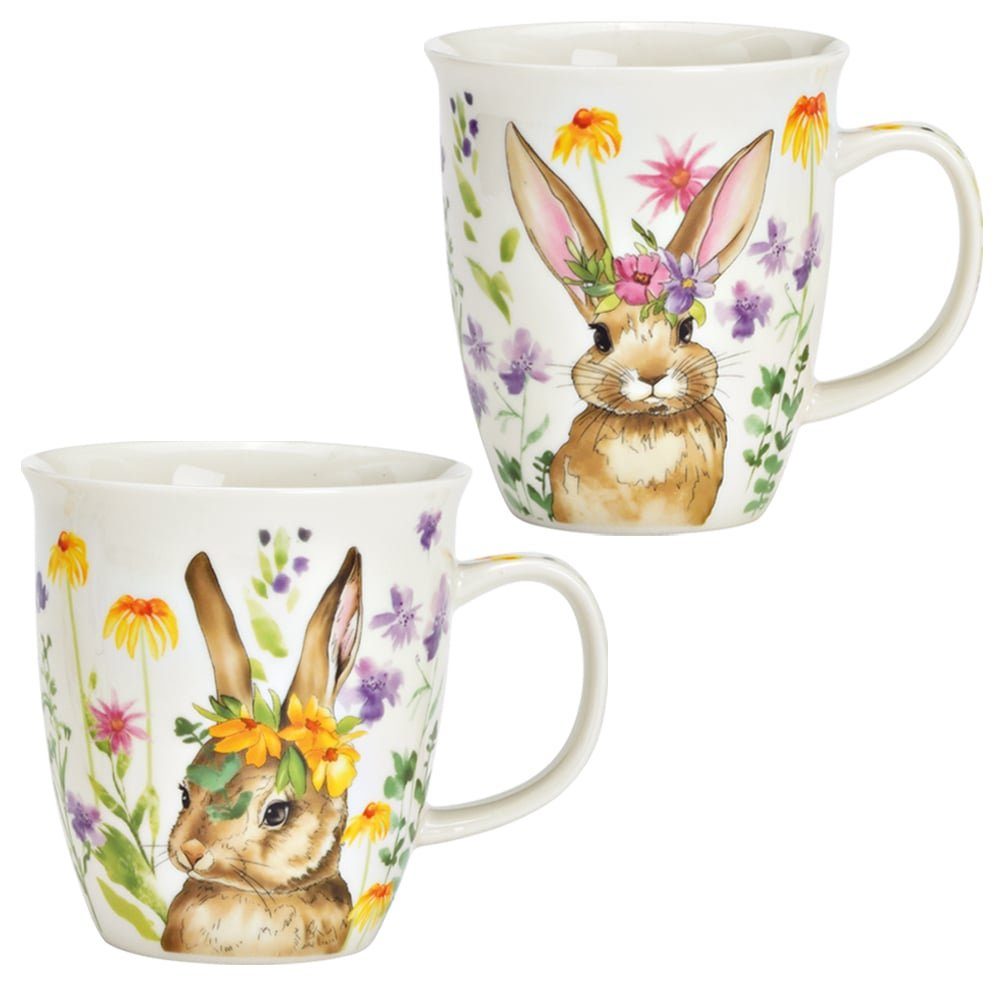 matches21 HOME & HOBBY Tasse Grosse Kaffeetassen 2er Set Ostern Frühling Osterhasen Blumen, 2-tlg., Porzellan, Tee, Kaffee-Becher, klassisch, weiss bunt, 400 ml