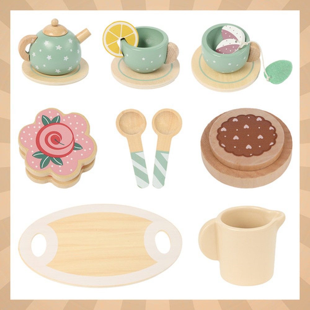 KRUZZEL Teeservice Kinder-Teeservice Kinderküchenset, 2 Personen, Holz, Komplettes Kinderküchenset mit Teekanne, Tassen, Löffeln und Zubehör