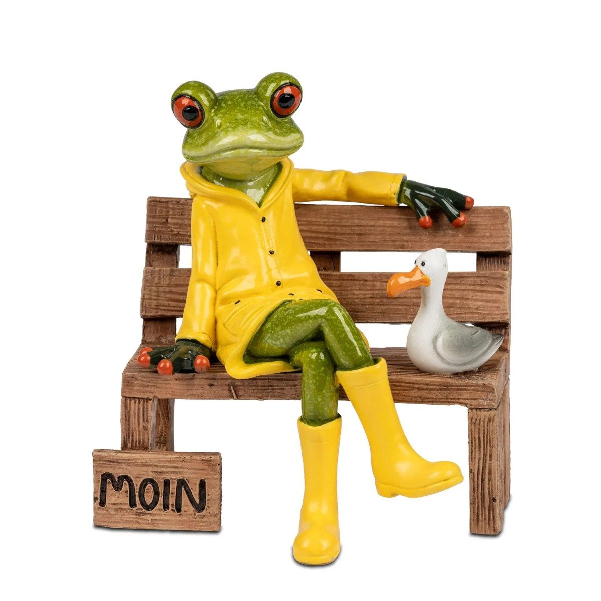 formano Sammelfigur Frosch auf Bank 13cm maritime Deko mit Moin-Gruß Möwe und Regenjacke