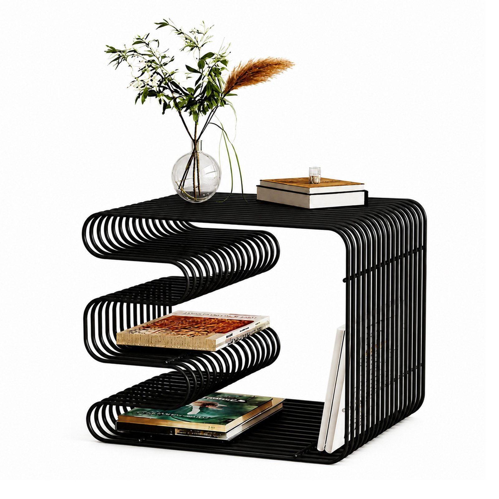 PEALOV Couchtisch Beistelltisch mit Zeitschriftenhalter aus Metall, Moderner Nachttisch (1-St), 32 × 32 × 41 cm – montagefrei, für Wohnzimmer, Schlafzimmer