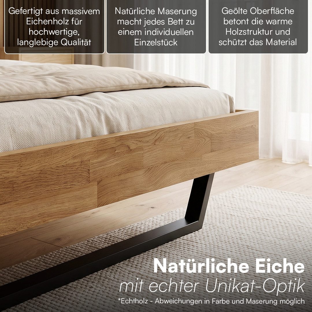 skølm Massivholzbett Alver aus Eiche mit Cord Bettkopf (140x200 cm, Cord-Kopfteil beige), Bettgestell natur geölt, verfügbar in 140/180 x 200 cm