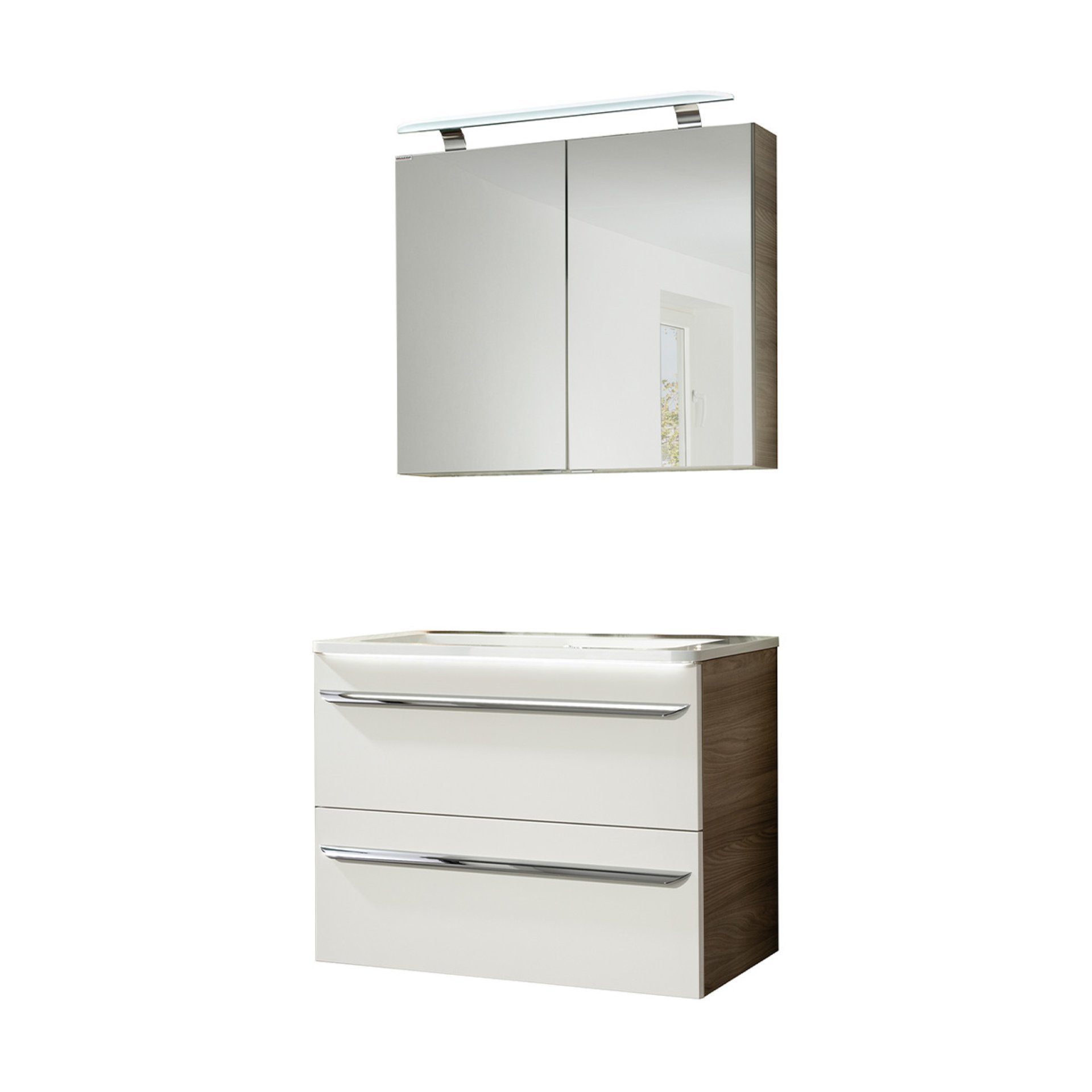 FACKELMANN Badmöbel-Set LUXOR Badmöbel Set 3-teilig 80 cm, Braun/Weiß + LED-Spiegelschrank