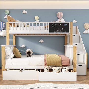 MODFU Etagenbett Kinderbett, mit Tafel Treppe Schubladen 90x200cm+140x200cm