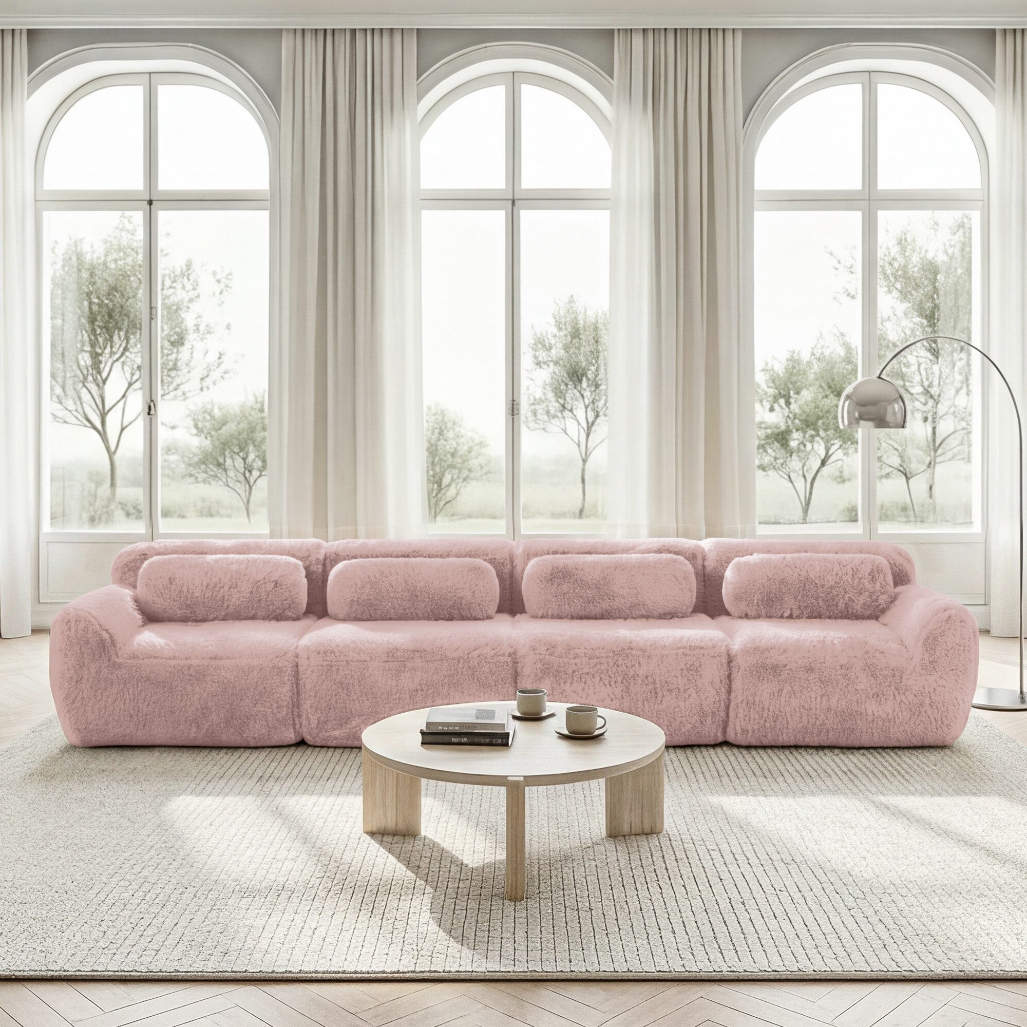 HAUSS SPOLE Loungesofa mit Plüschstoff,4-Sitzer Sofa Polstermöbel mit rutschfester Boden,Rosa