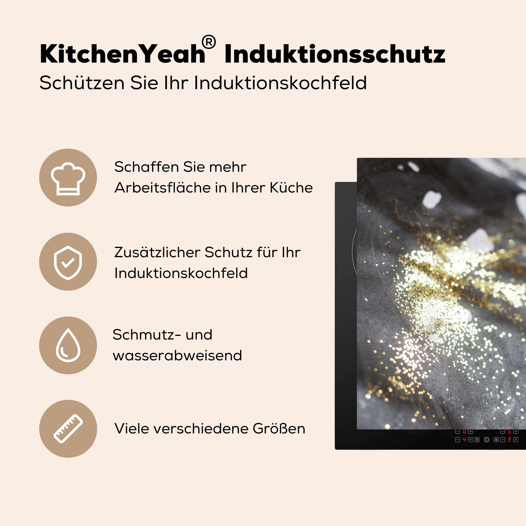 MuchoWow Herdblende-/Abdeckplatte Vinyl, tlg), (1 - küche Schwarz - für Ceranfeldabdeckung, Marmor Luxus, Arbeitsplatte - Glitter cm, 78x78