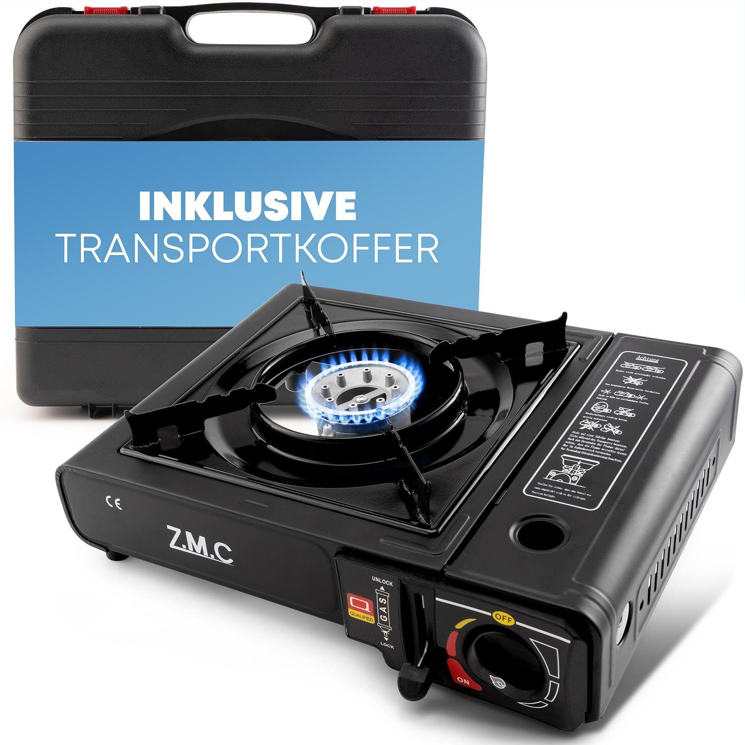 ZMC Gaskocher Gaskocher 1-flammig + Aufbewahrungskoffer + Gaskartuschen 227g Schwarz, (Butangas Campingkocher für Innenraum/Outdoor, Campinggaskocher 2,2 kW mit Piezozündung, Piezozündung), Kochfeld Gaskocher mit Kartusche, Gaskochfeld für Camping