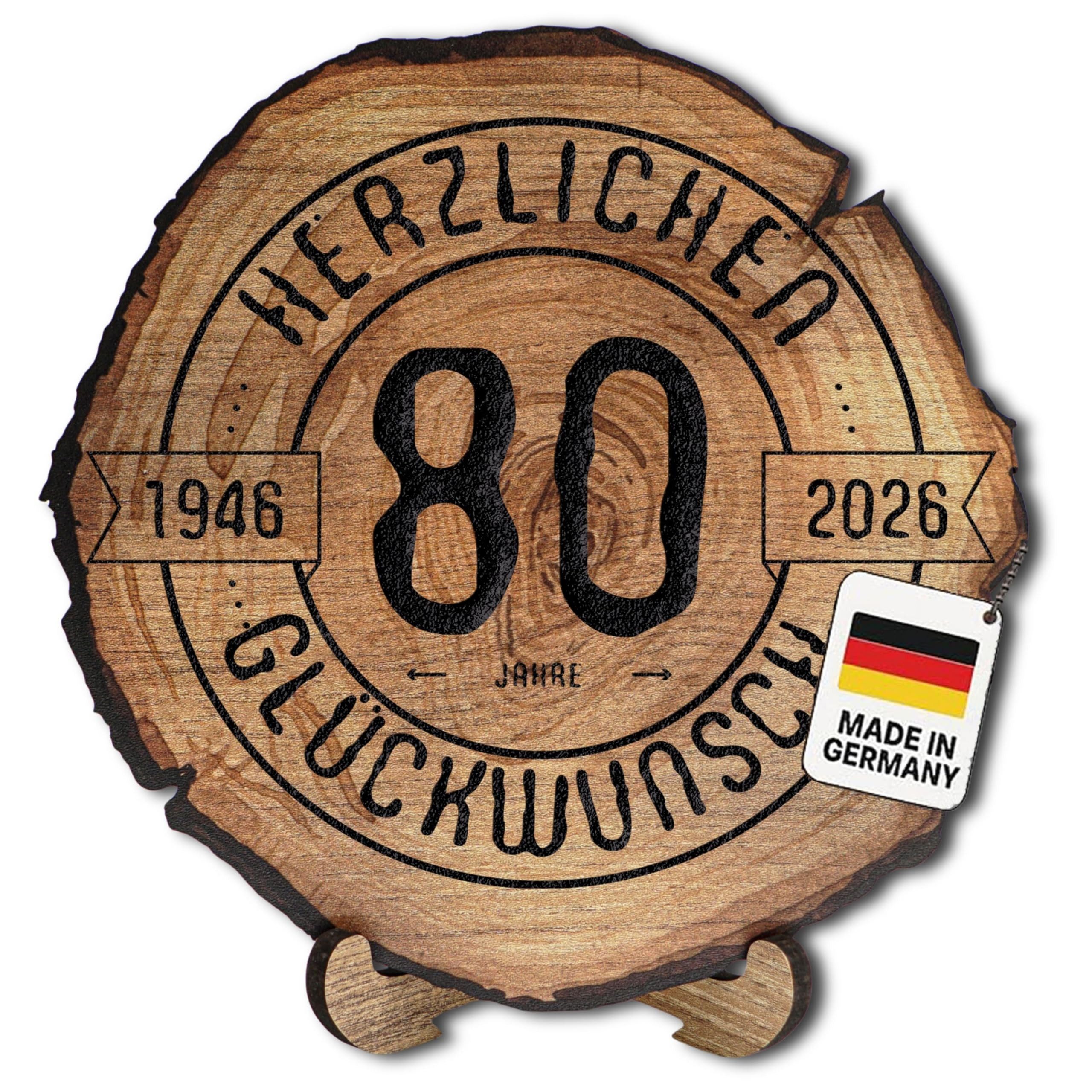 DARO Design Dekoobjekt Geburtstagsschild 80 Jahre Holzscheibe Geschenk mit Gravur (Dekoration, 80. Geburtstag – 1946–2026), Ø 20 cm, 6 mm Holz