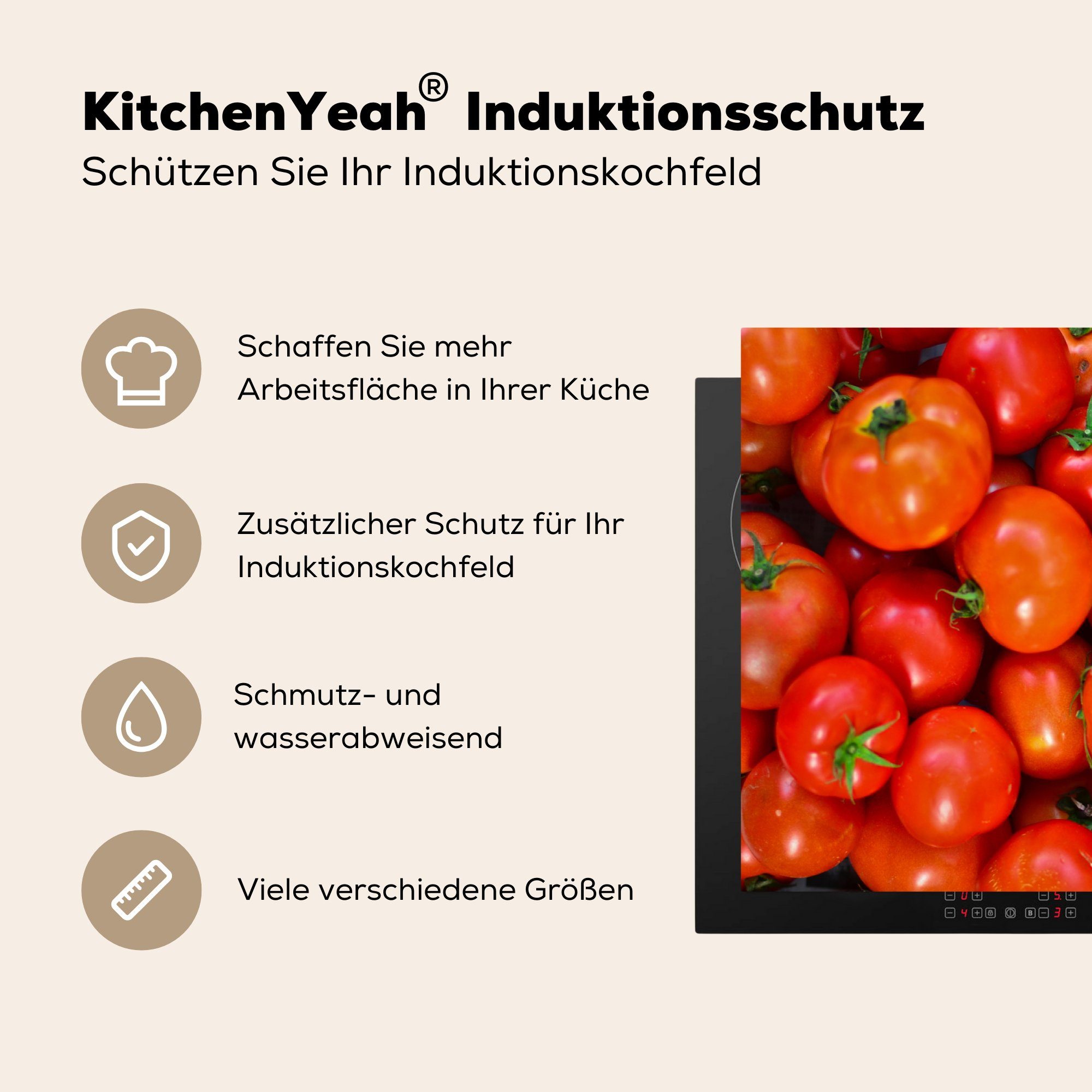 MuchoWow Herdblende-/Abdeckplatte Ein Bild von cm, roten (1 Tomaten, 83x51 küche Arbeitsplatte für Ceranfeldabdeckung, frischen tlg), Vinyl