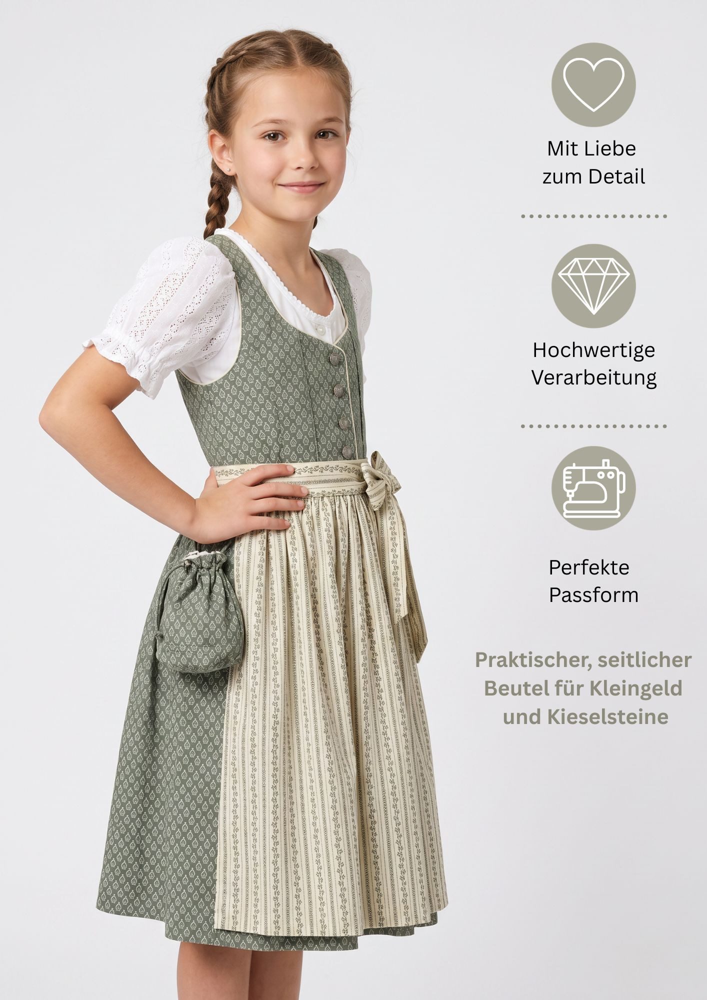 Nübler Dirndl Kinderdirndl Fredericke in Salbei von Nübler - Rocklänge knielang