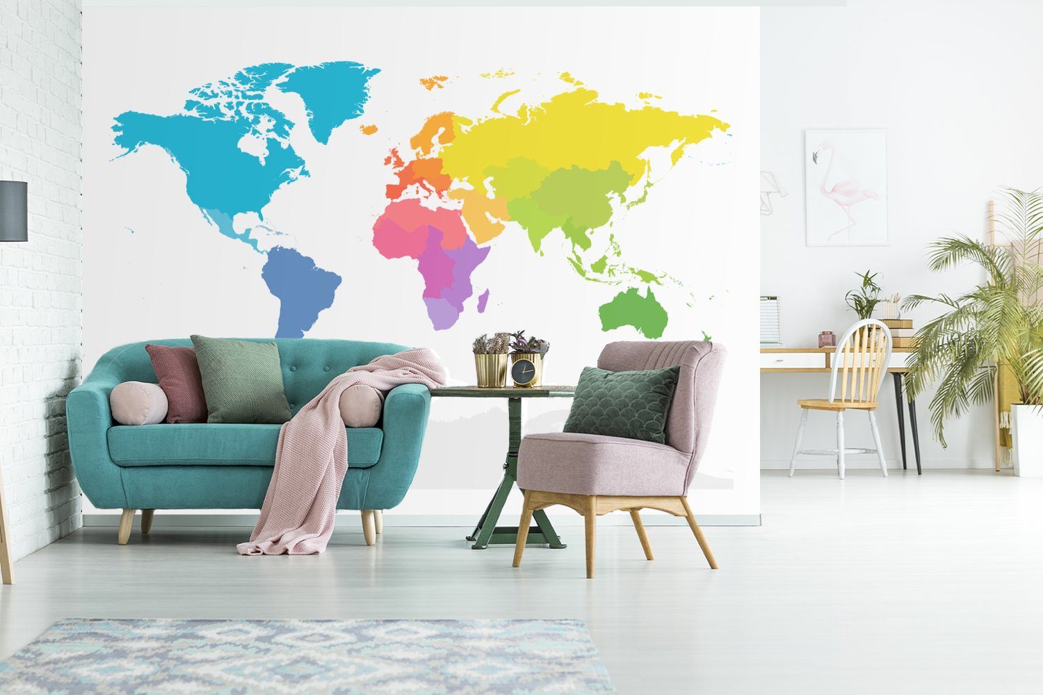 Weltkarte für Vinyl Wallpaper - Kinderzimmer, Tapete Wohnzimmer, bedruckt, - St), MuchoWow Matt, Weiß, Regenbogen (6 Fototapete Schlafzimmer,