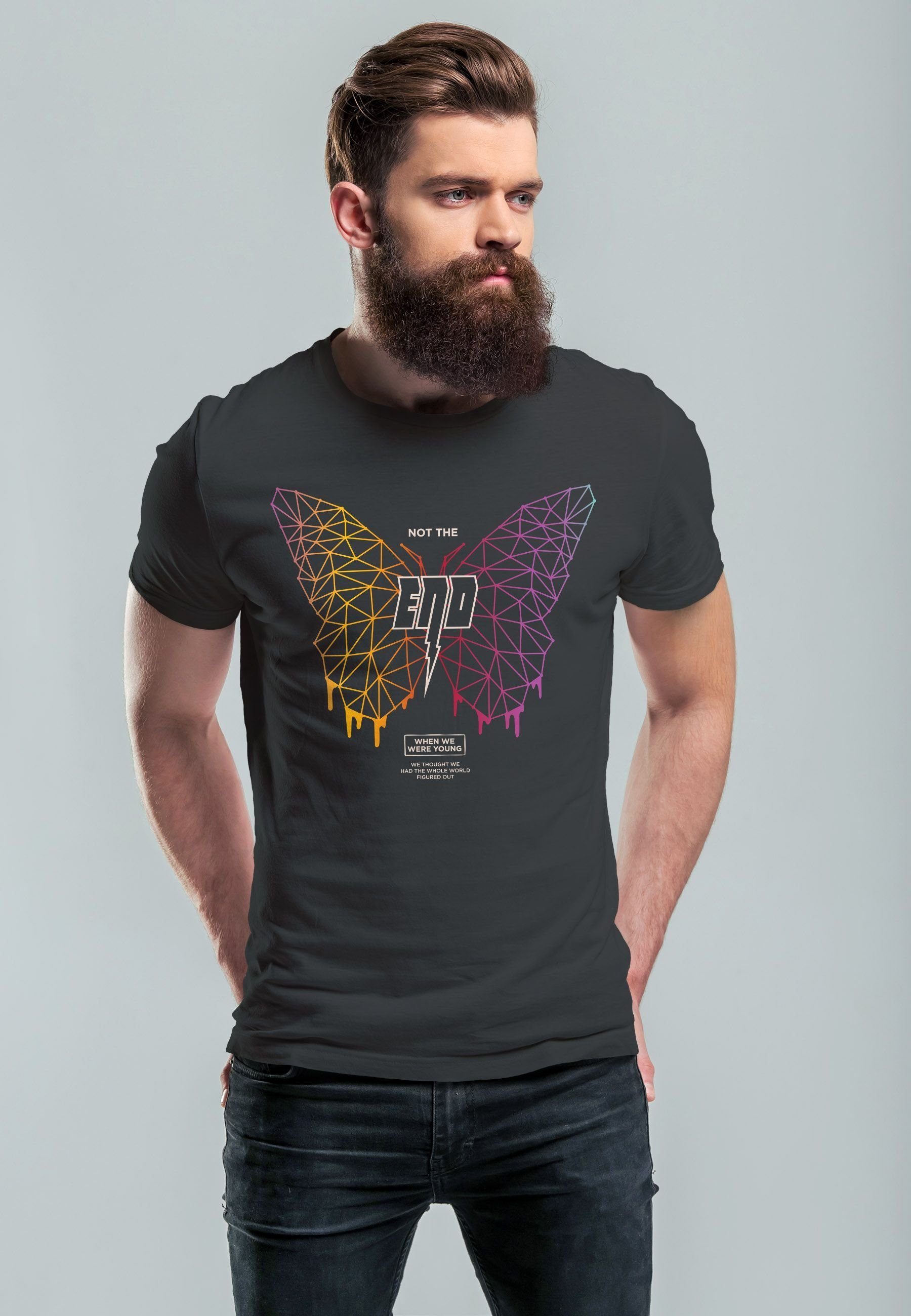 Neverless anthrazit Geometric Print Schmetterling Butterlfy Print-Shirt the Not mit T-Shirt Design Spruch Herren